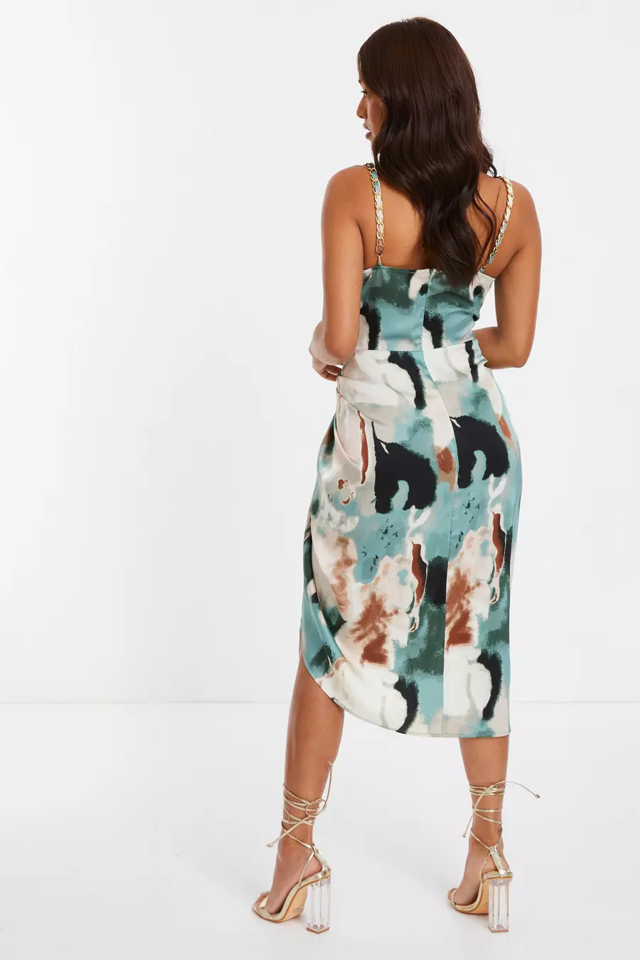 Petite Sage Marble Print Ruched Midi Dress QUIZ Clothing