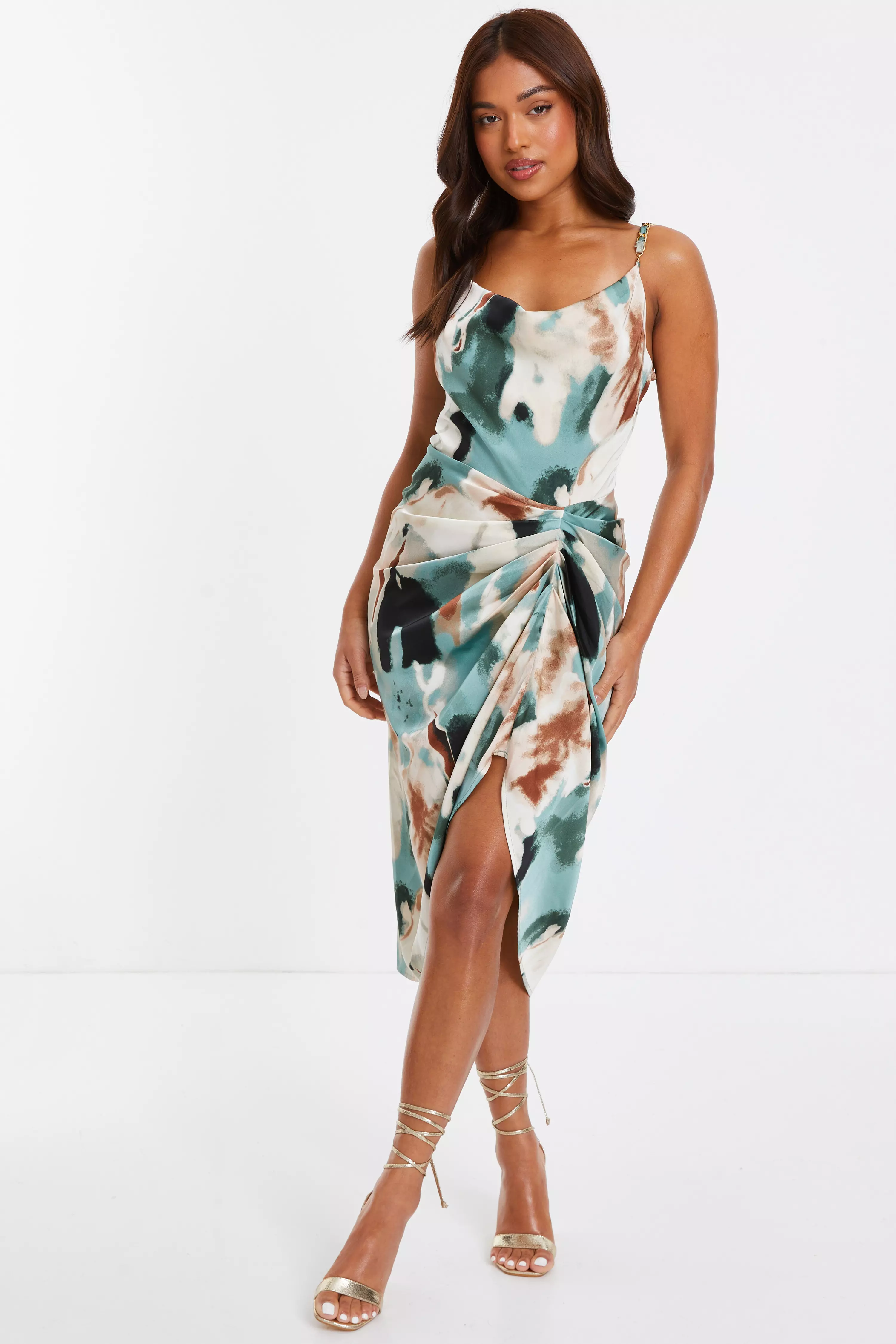 Petite Sage Marble Print Ruched Midi Dress<!-- --> - <!-- -->QUIZ Clothing