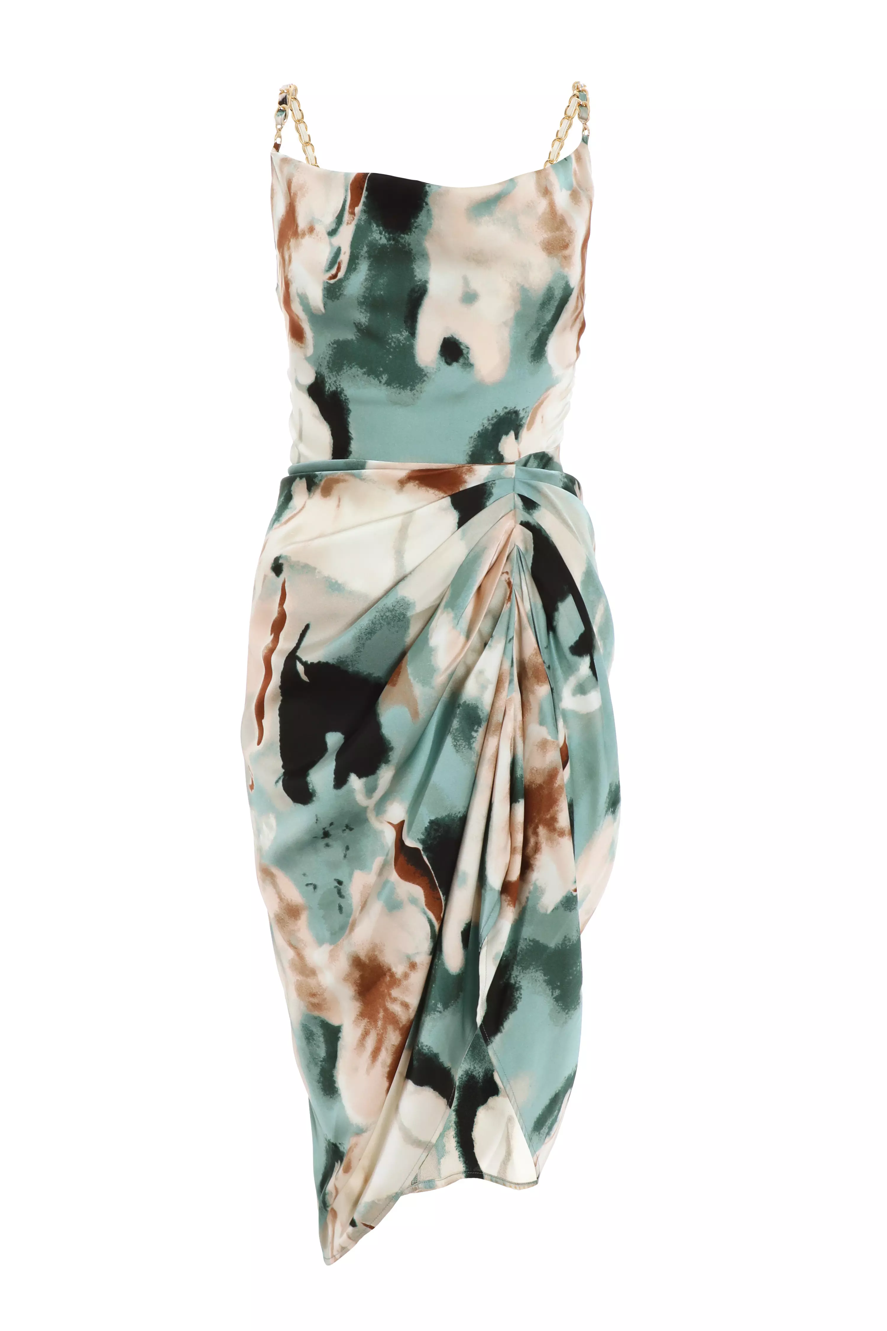 Petite Sage Marble Print Ruched Midi Dress