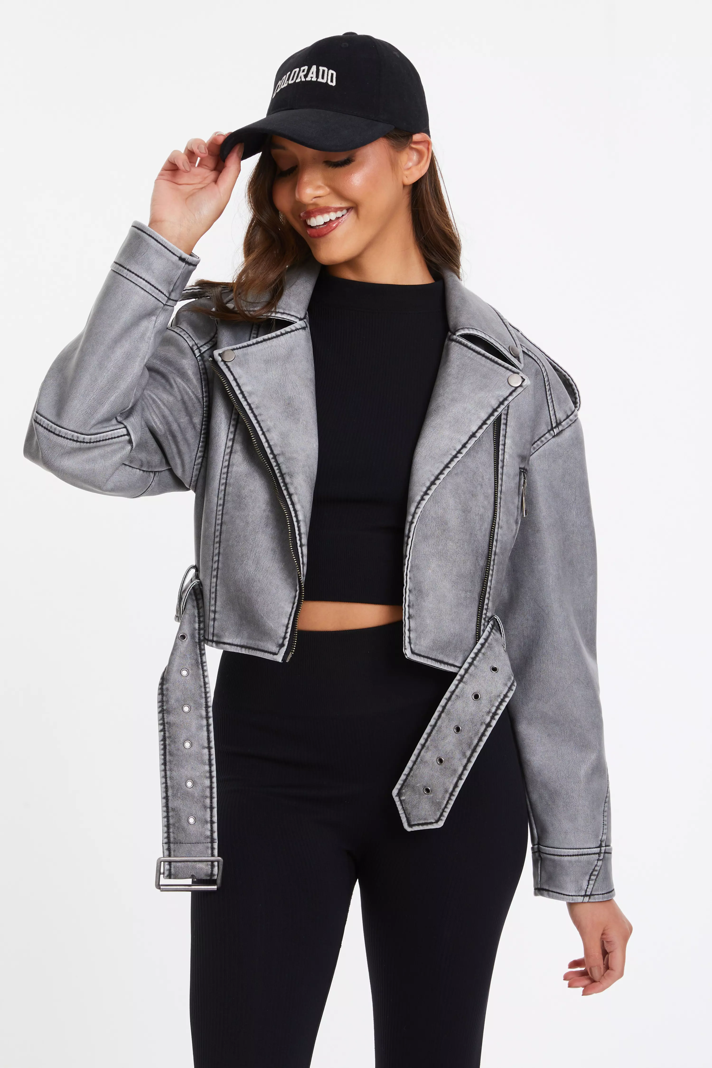 Grey Faux Leather Oversized Biker Jacket