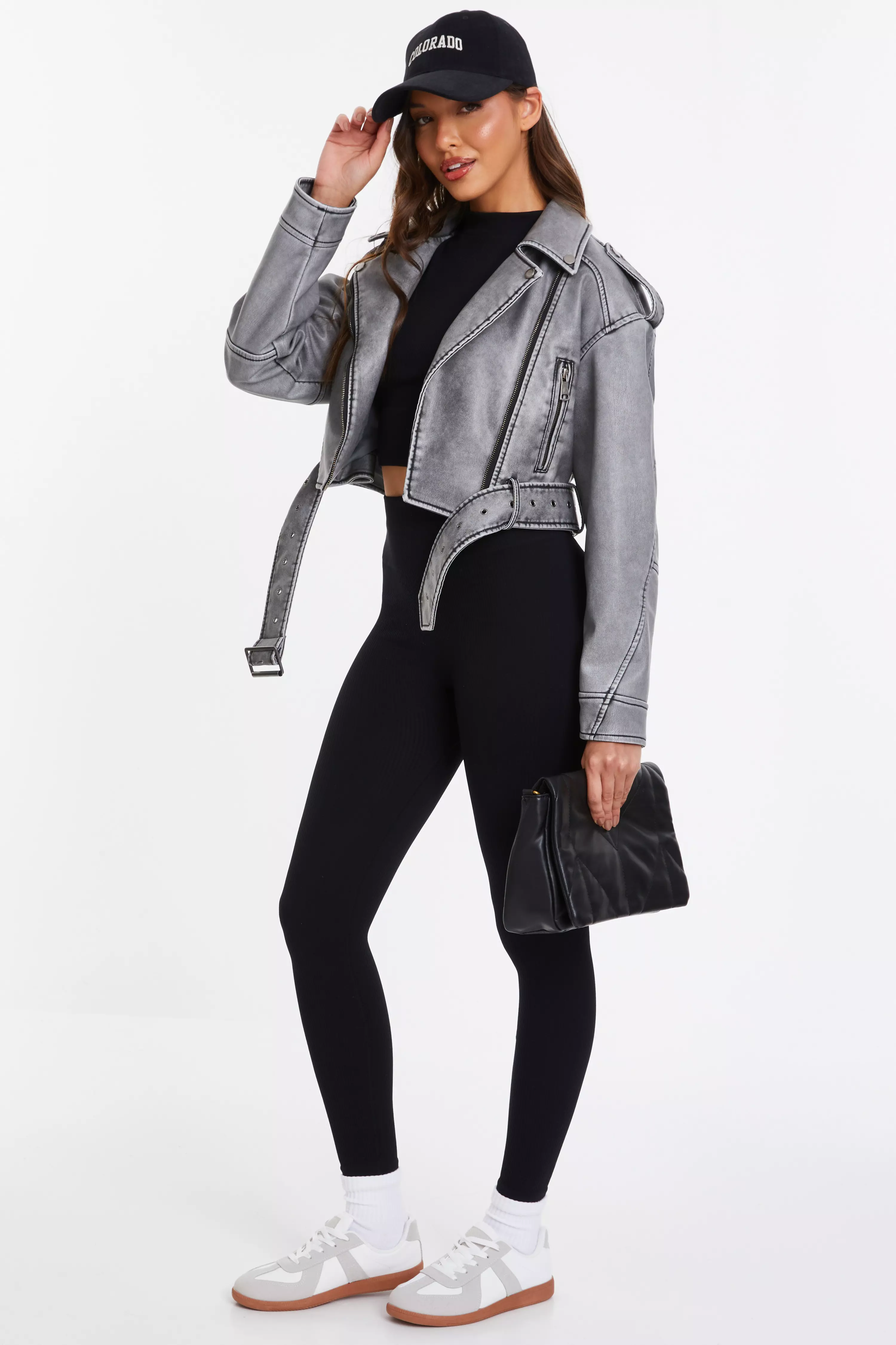 Grey Faux Leather Oversized Biker Jacket