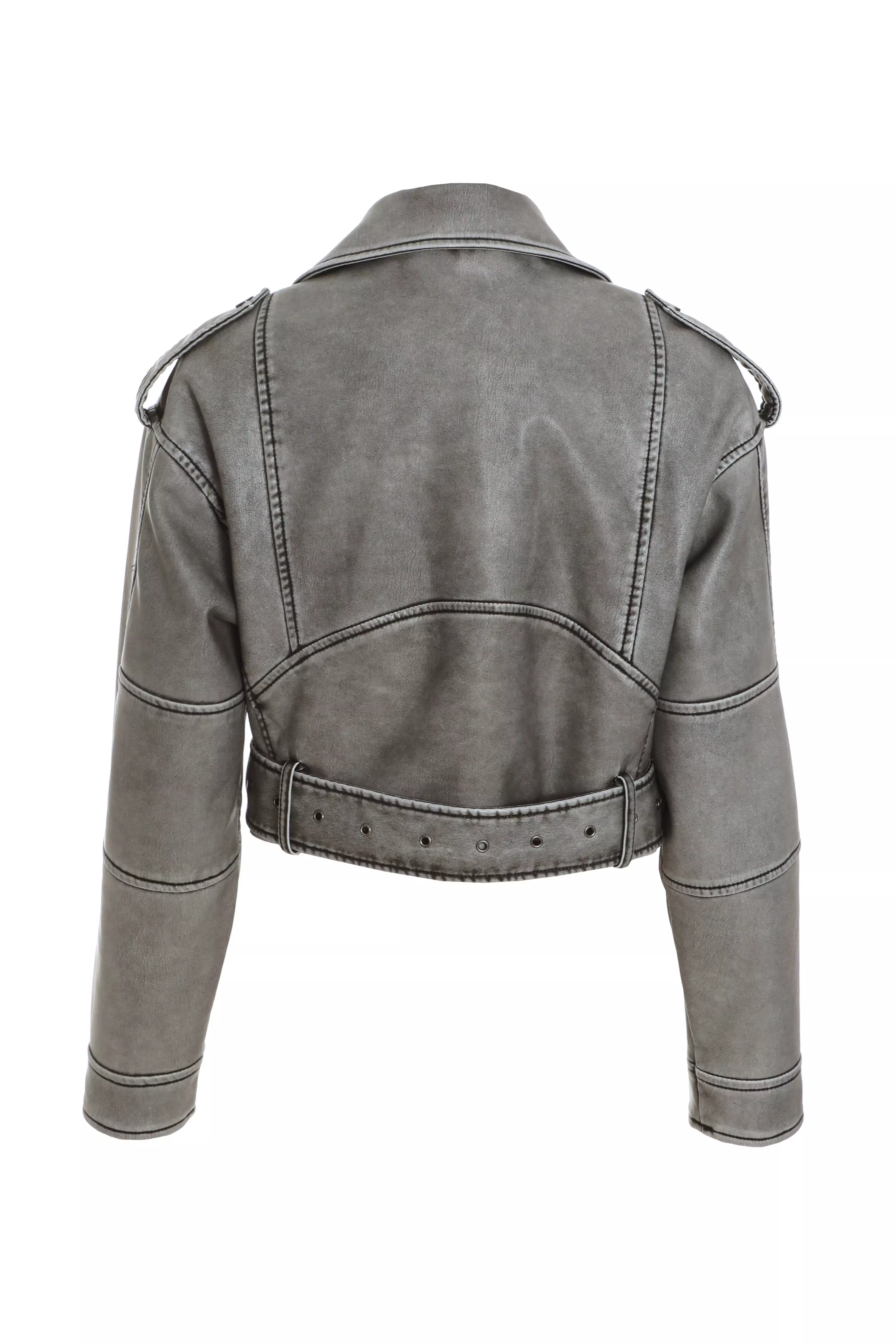 Grey Faux Leather Oversized Biker Jacket