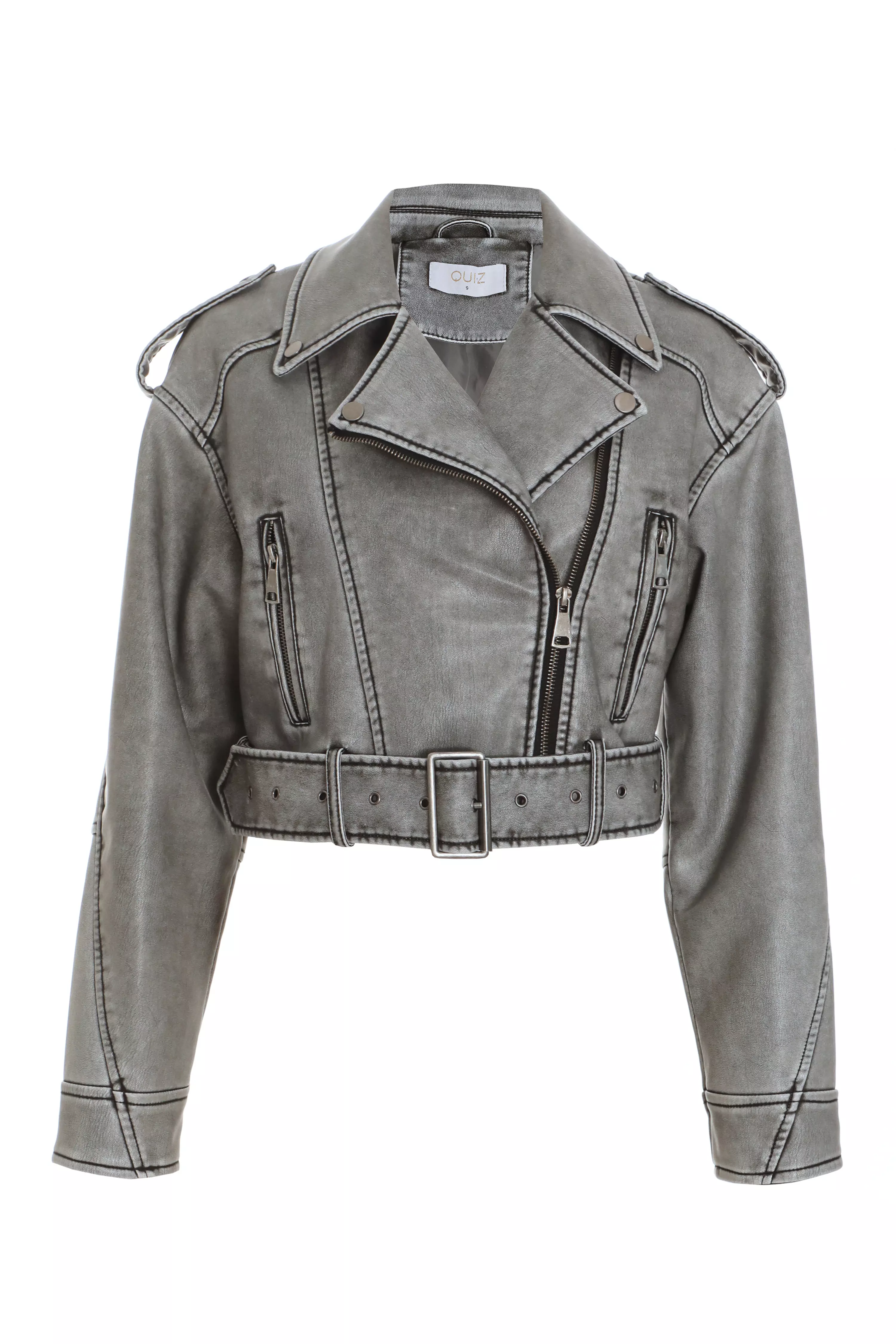 Grey Faux Leather Oversized Biker Jacket