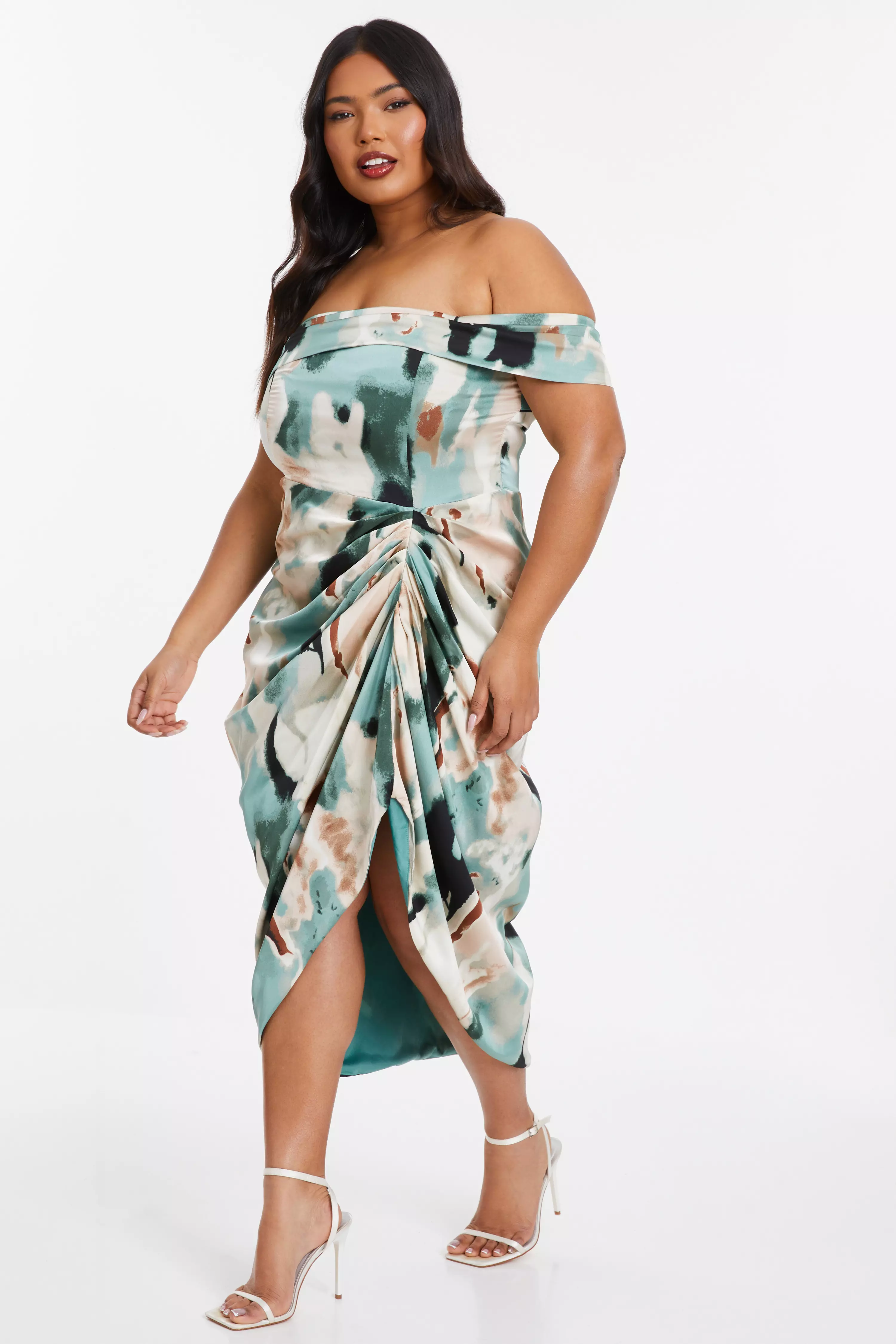 Curve Sage Marble Print Bardot Midi Dress