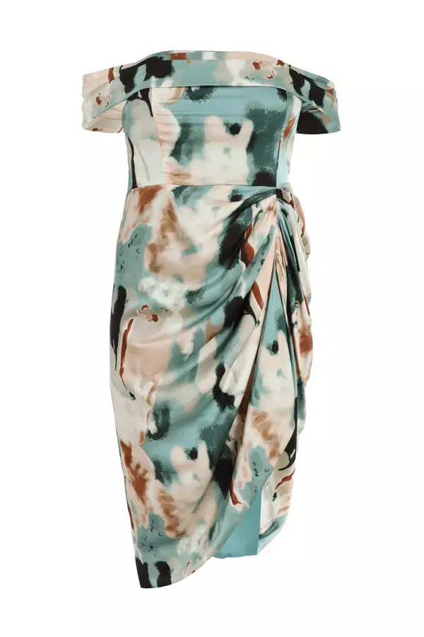 Curve Sage Marble Print Bardot Midi Dress