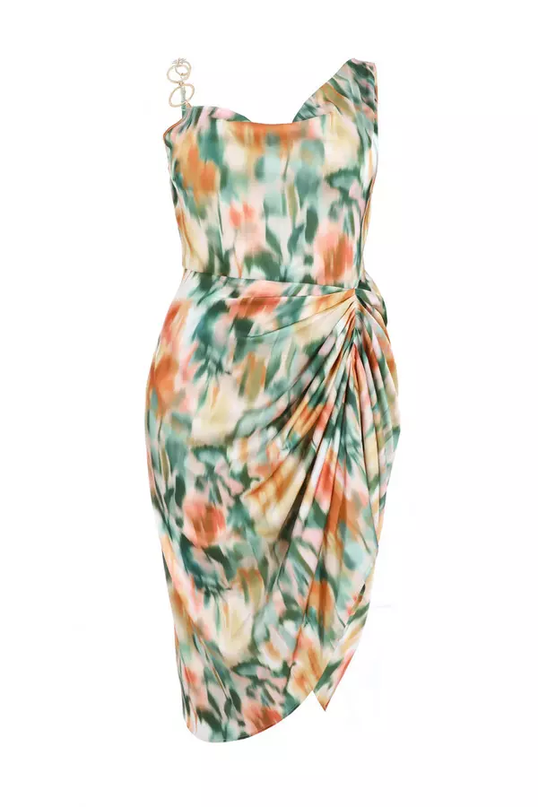 Curve Multicoloured Satin Marble Print Ruched Midi Dress