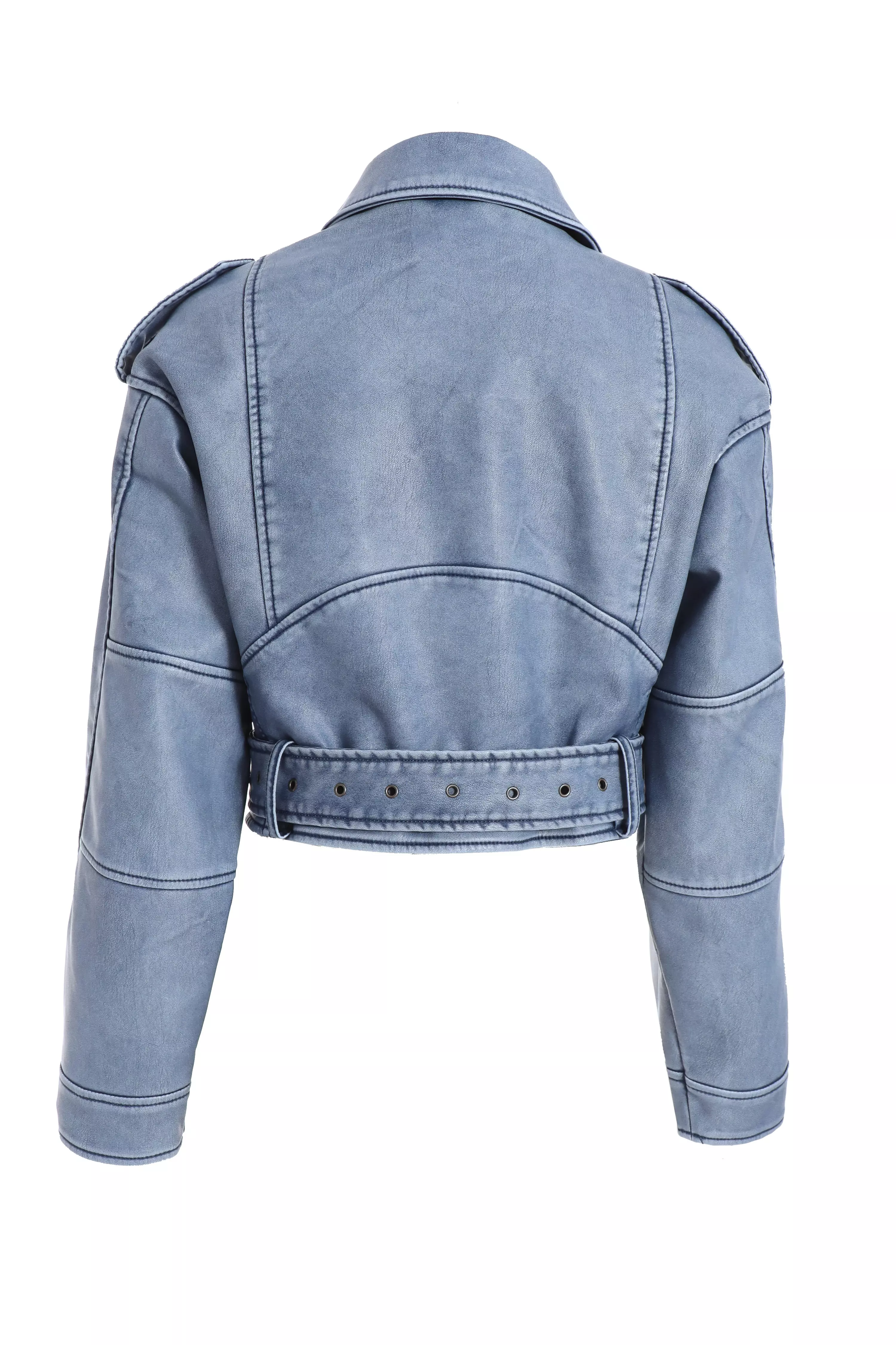 Blue Faux Leather Oversized Biker Jacket