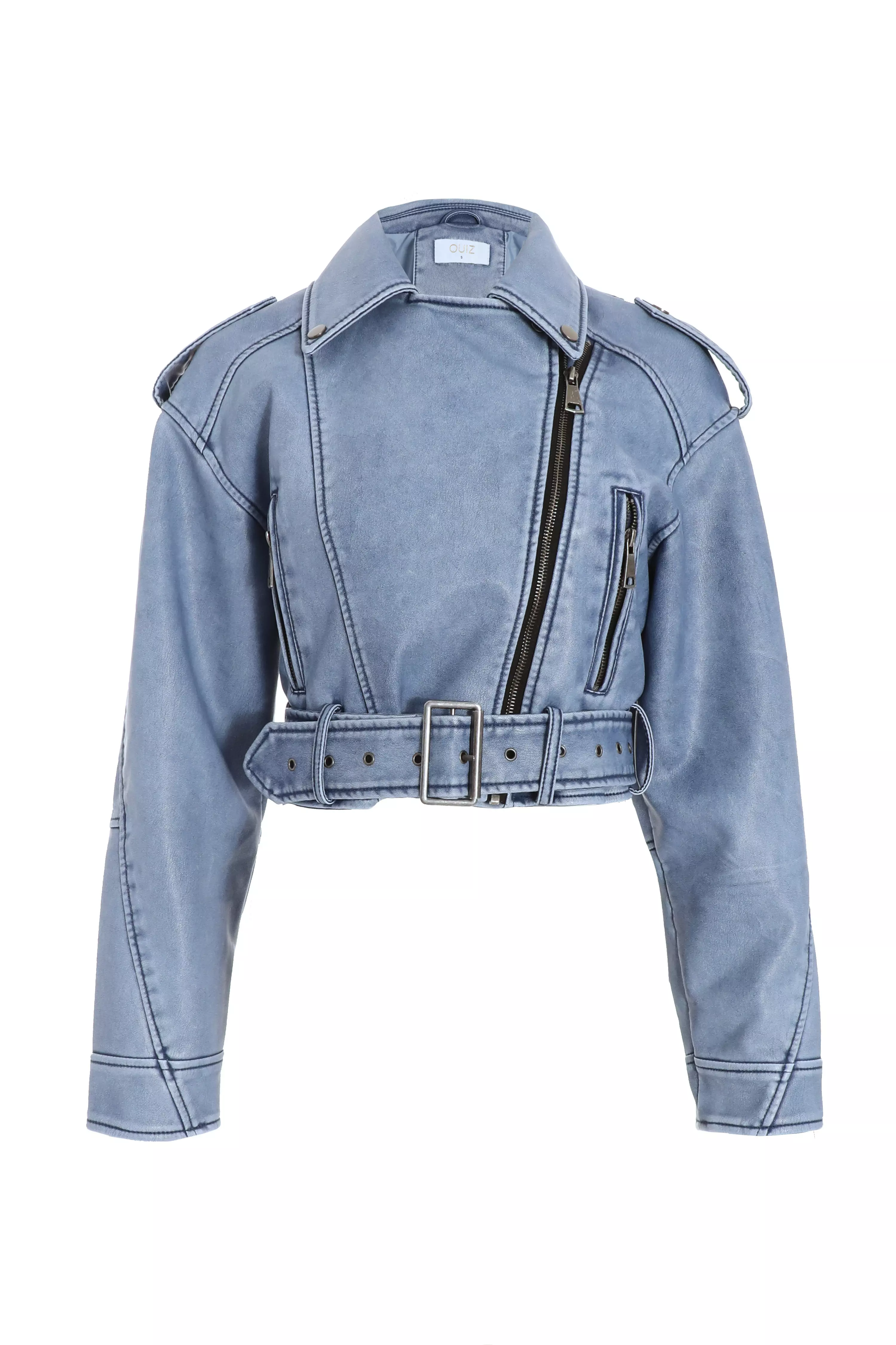 Blue Faux Leather Oversized Biker Jacket