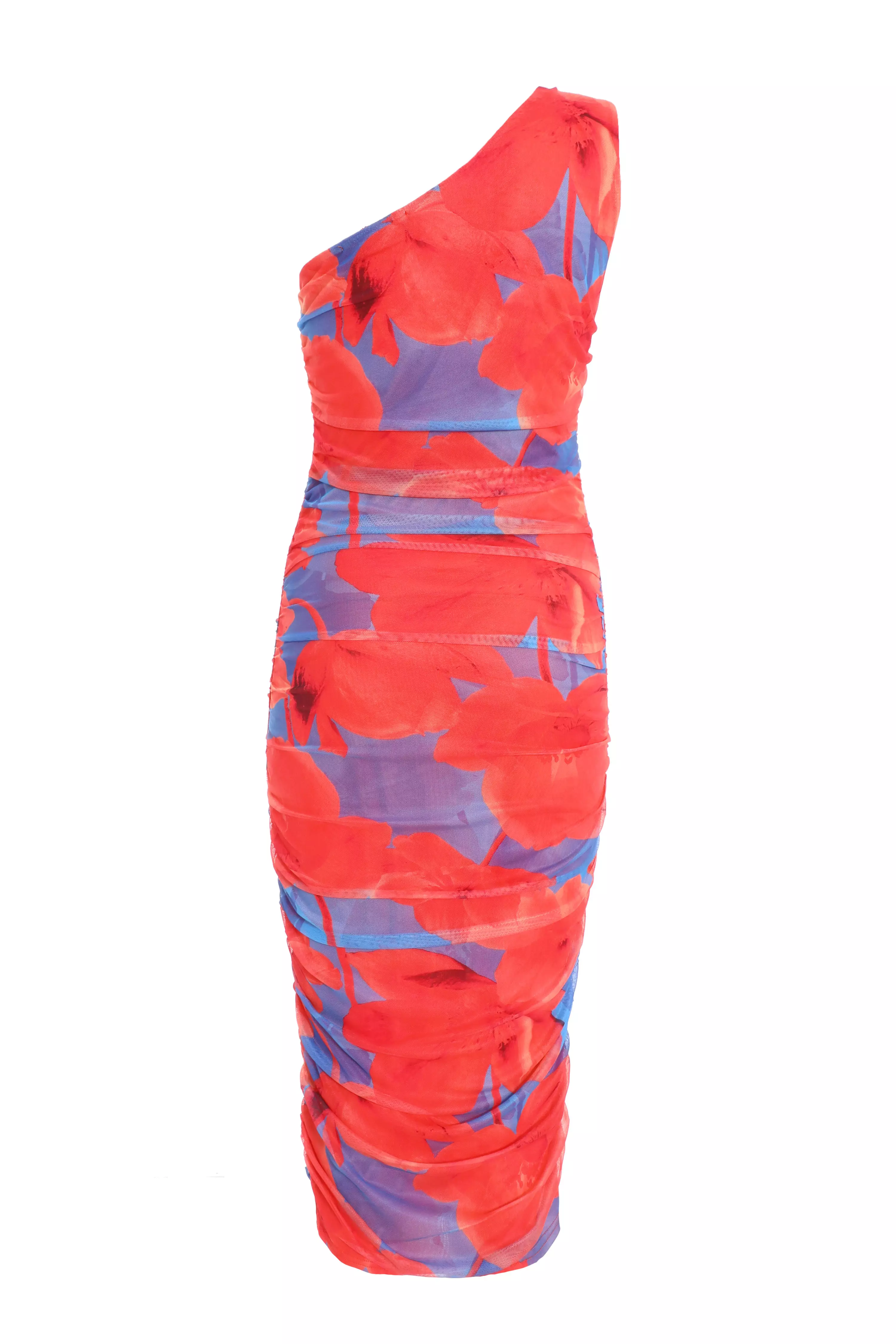 Orange Floral Mesh Bodycon Midi Dress