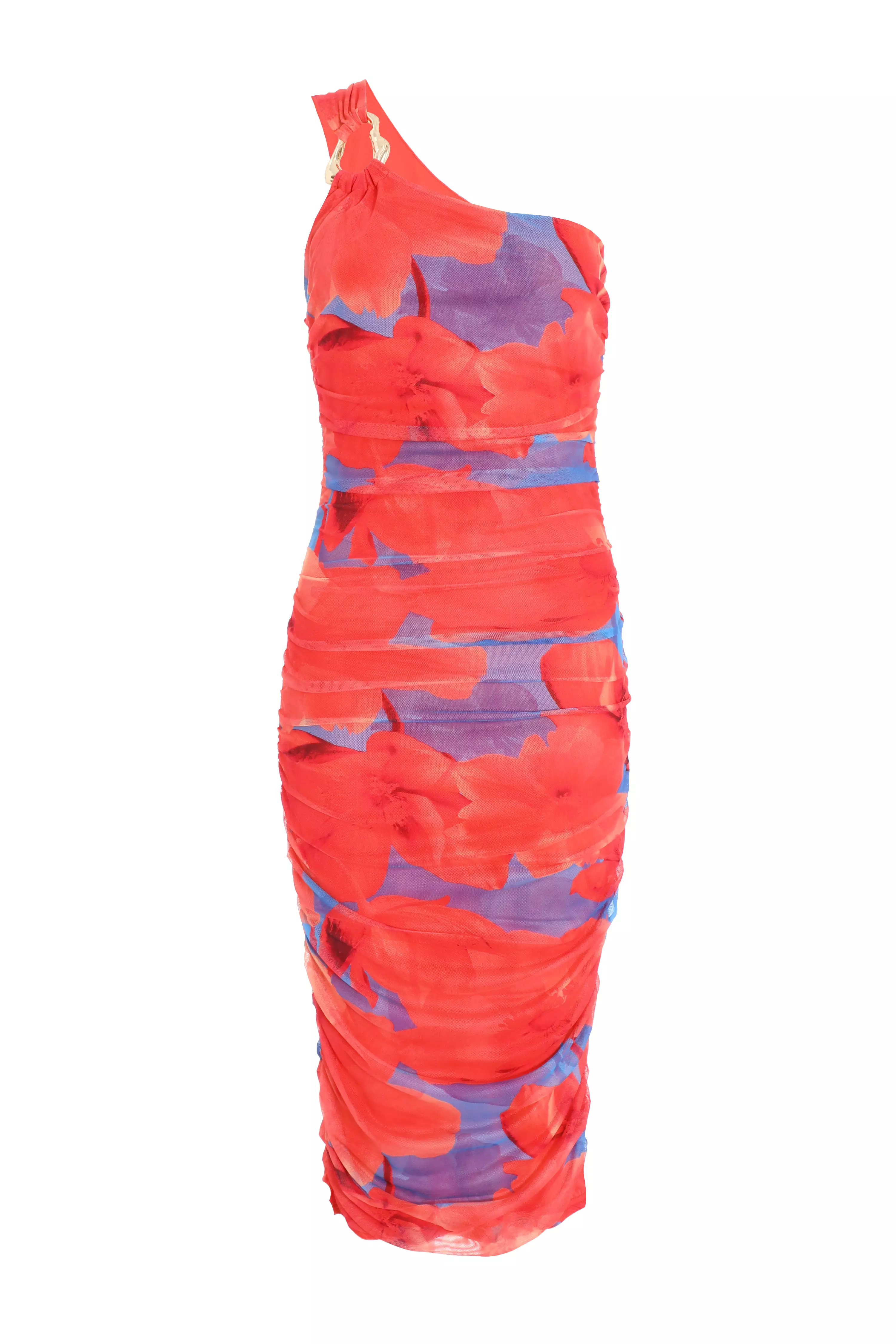 Orange Floral Mesh Bodycon Midi Dress