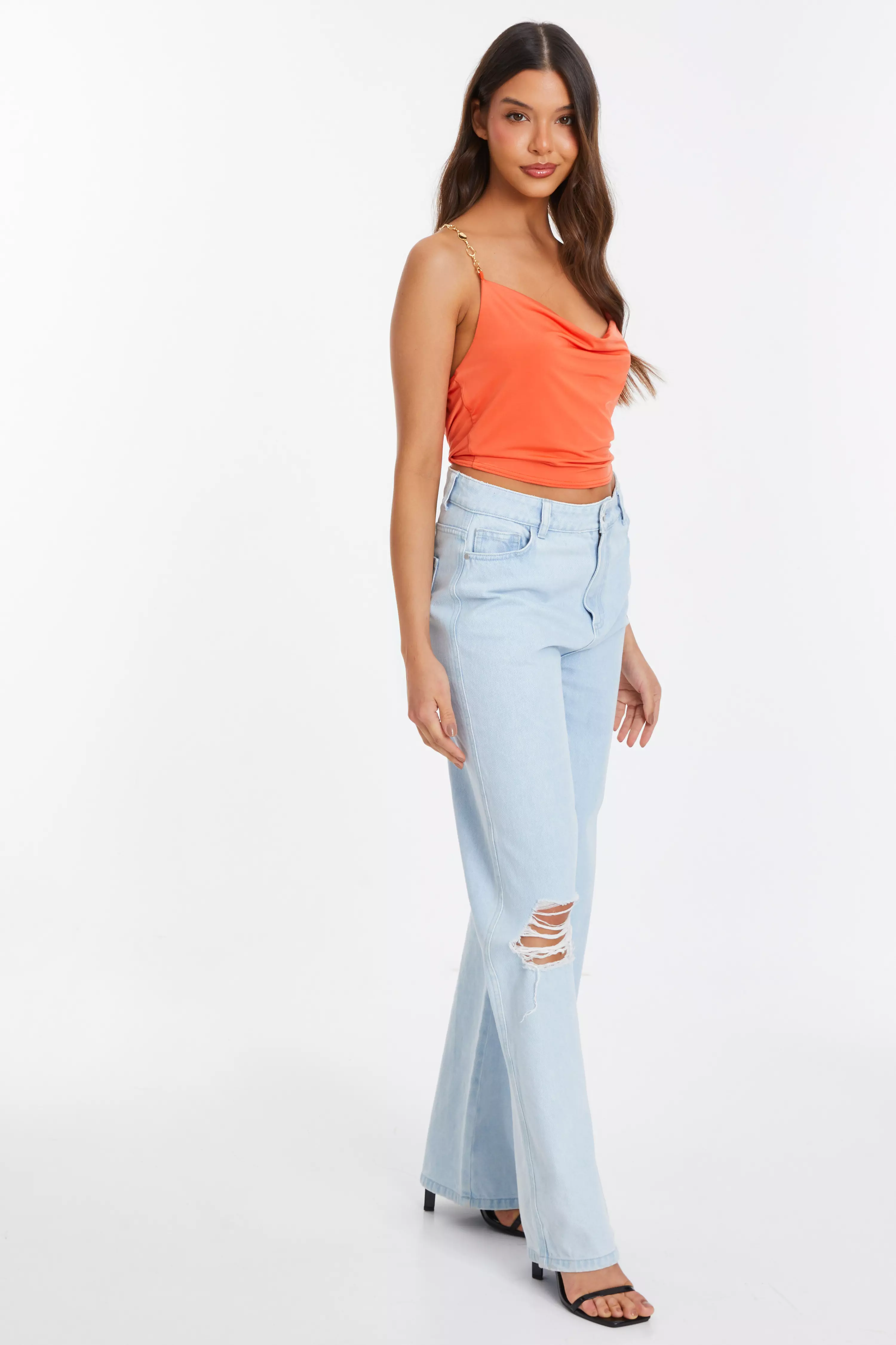 Orange Cowl Neck Chain Crop Top