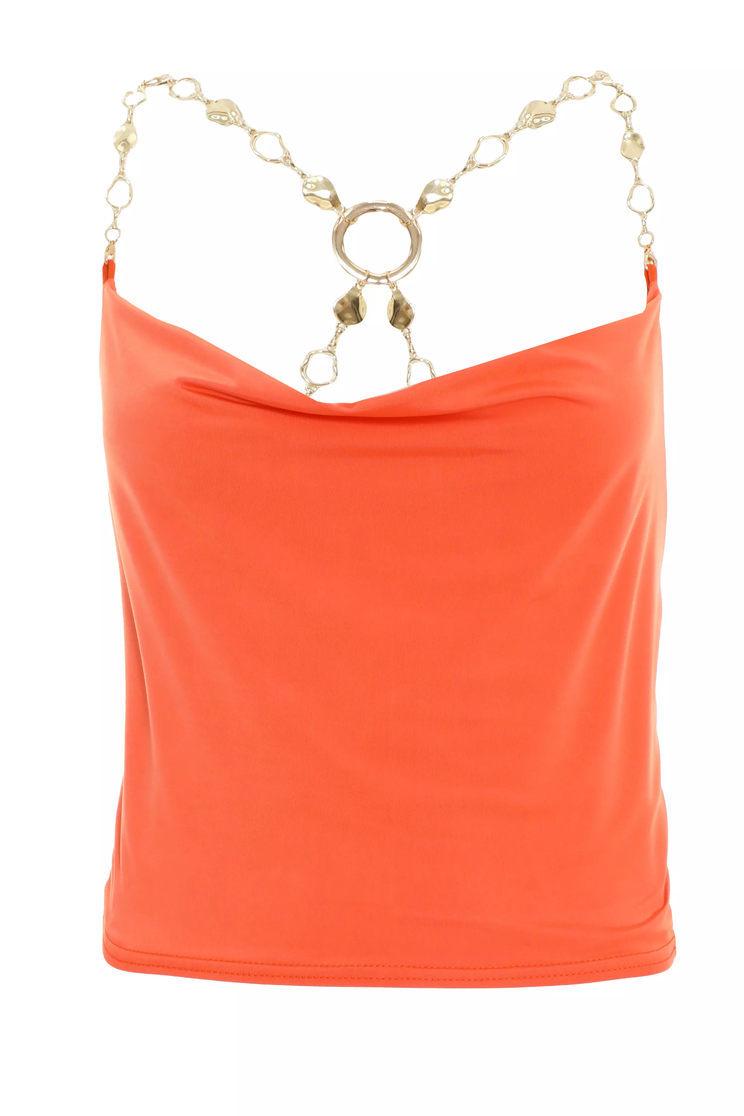 Orange Cowl Neck Chain Crop Top