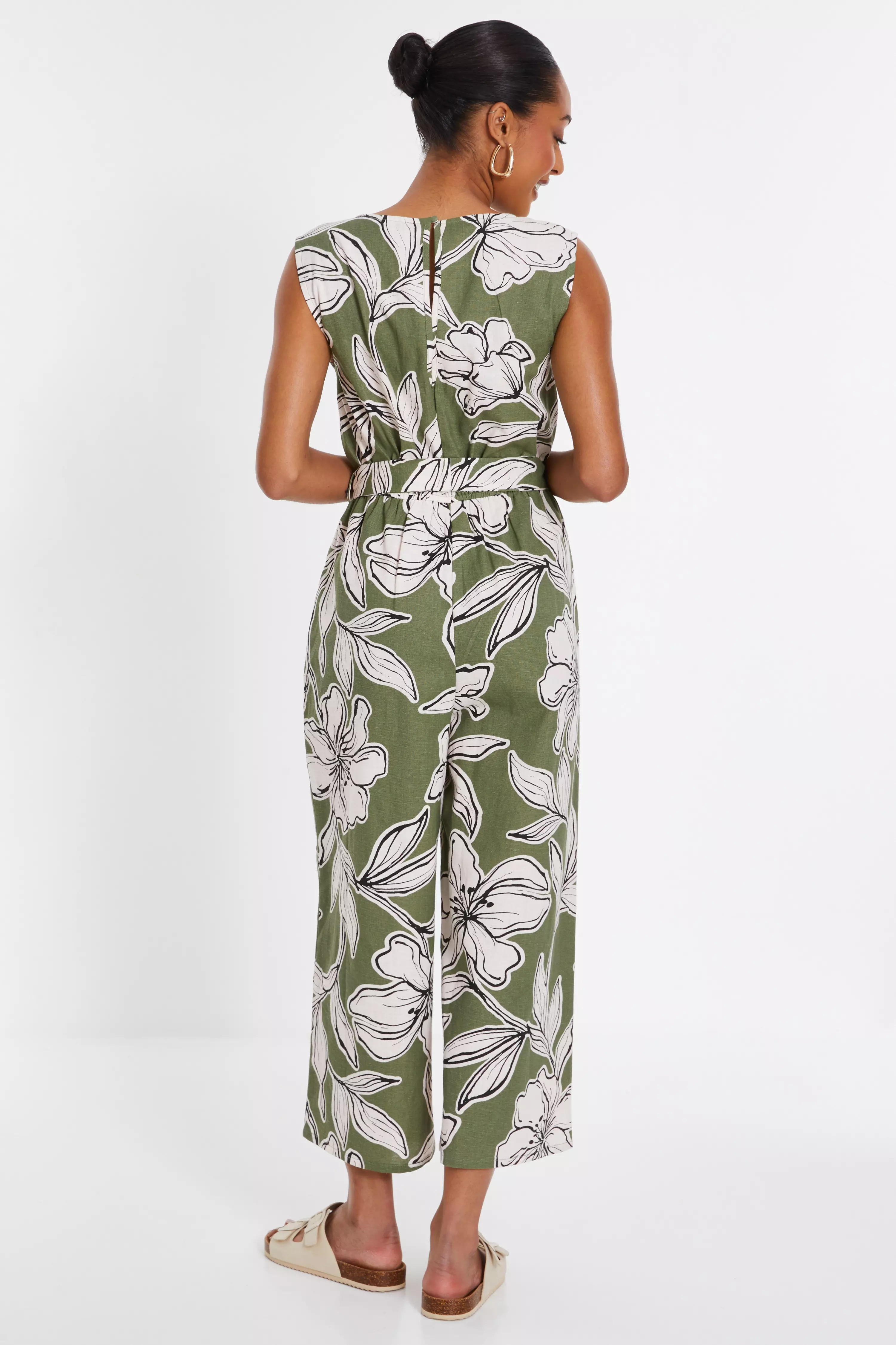 Khaki Tropical Print Wrap Jumpsuit