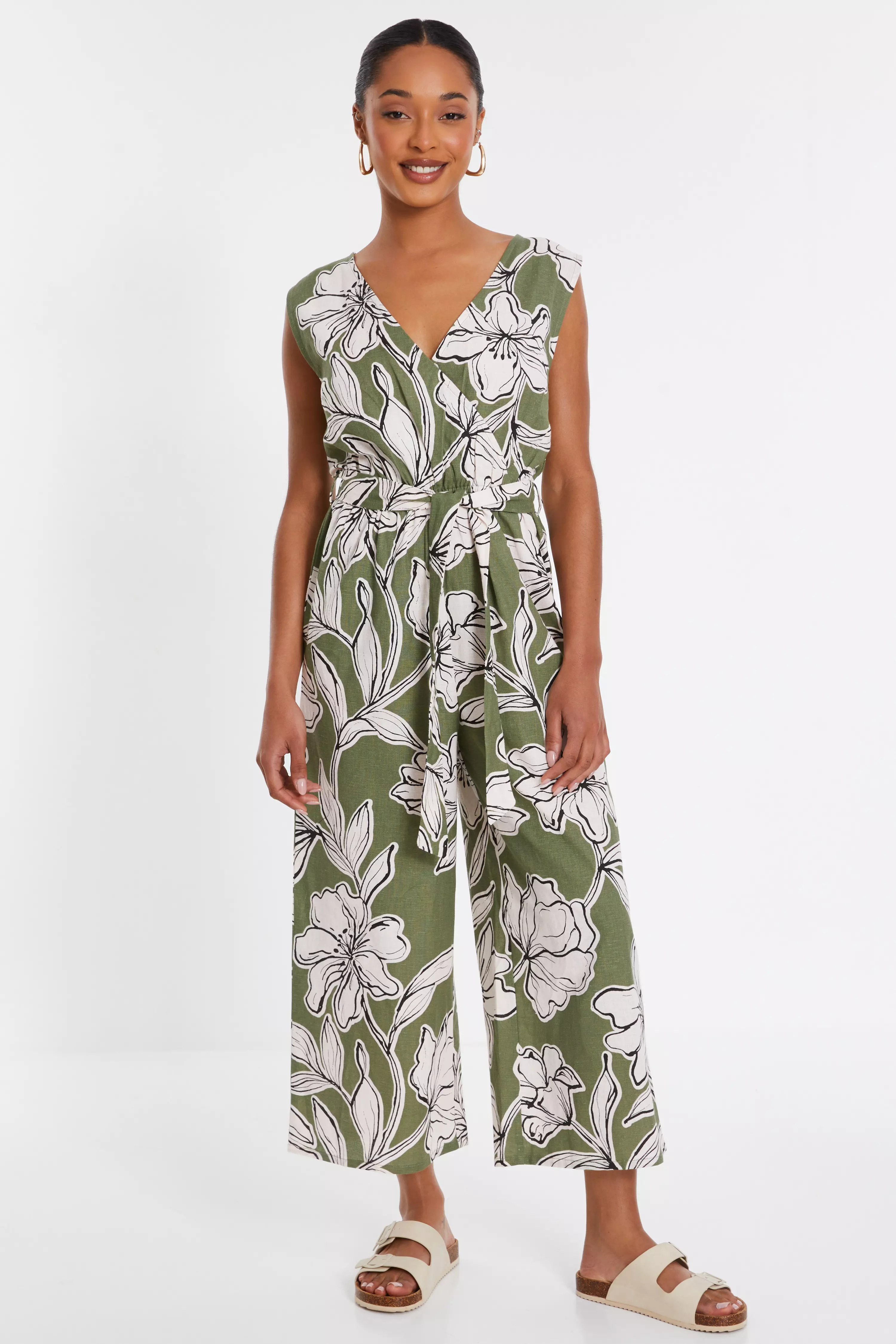 Khaki Tropical Print Wrap Jumpsuit