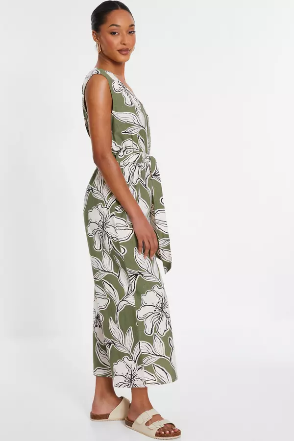 Khaki Tropical Print Wrap Jumpsuit