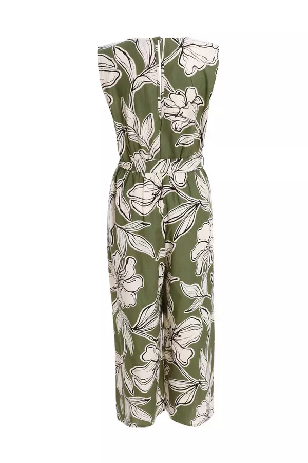 Khaki Tropical Print Wrap Jumpsuit