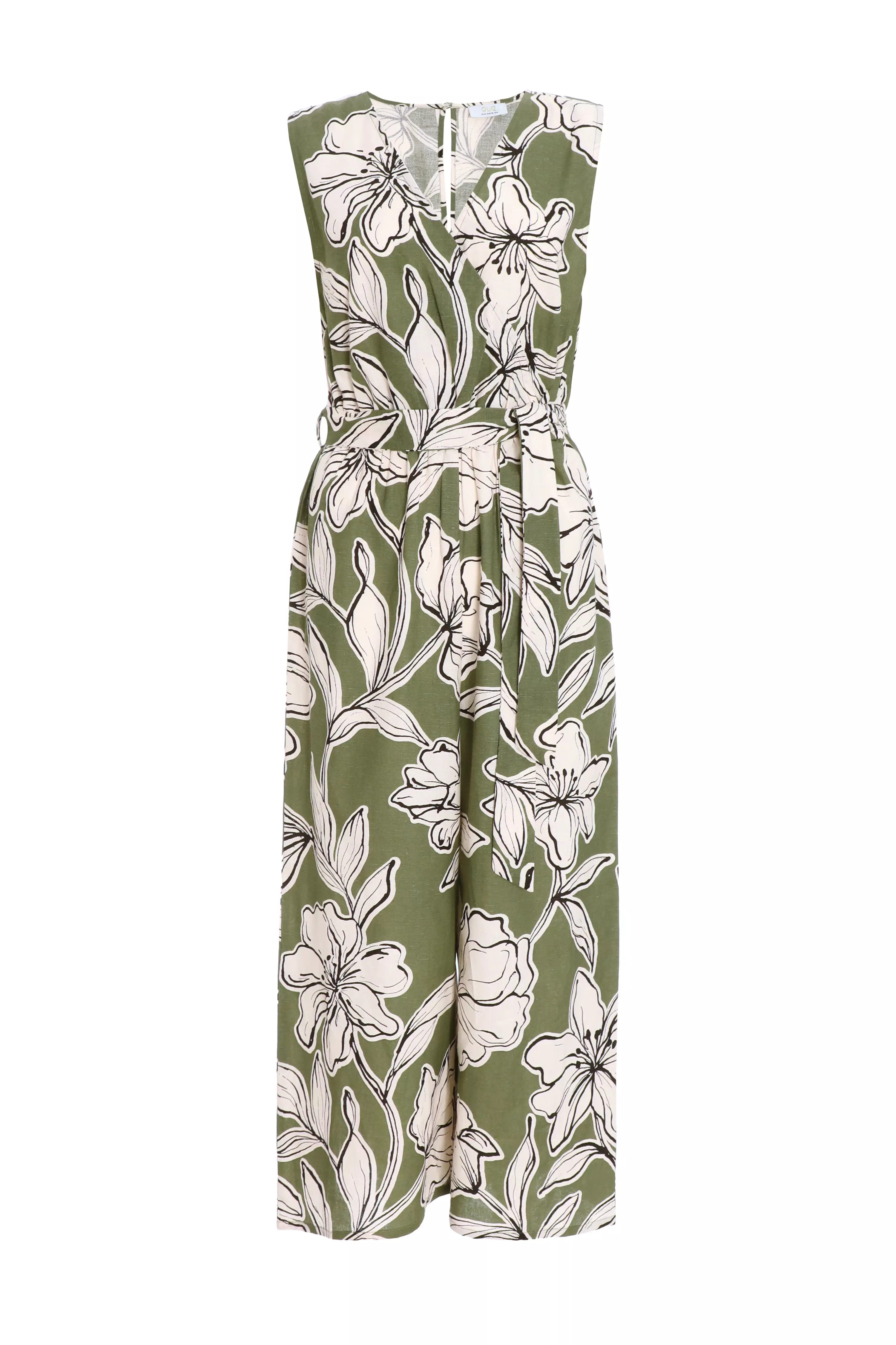 Khaki Tropical Print Wrap Jumpsuit