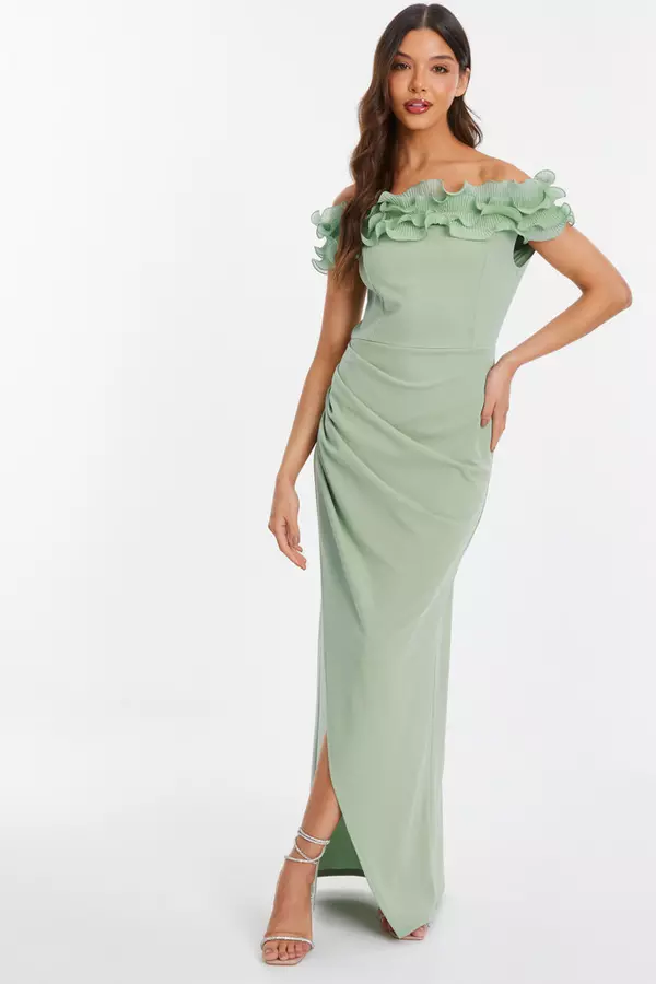 Sage Green Ruffle Bardot Maxi Dress