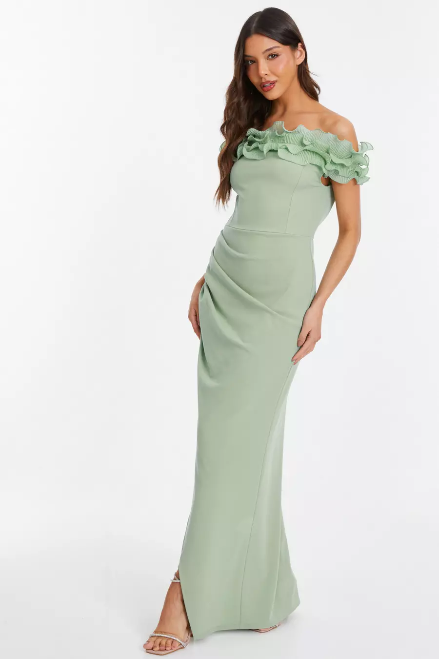 Sage Green Ruffle Bardot Maxi Dress QUIZ Clothing