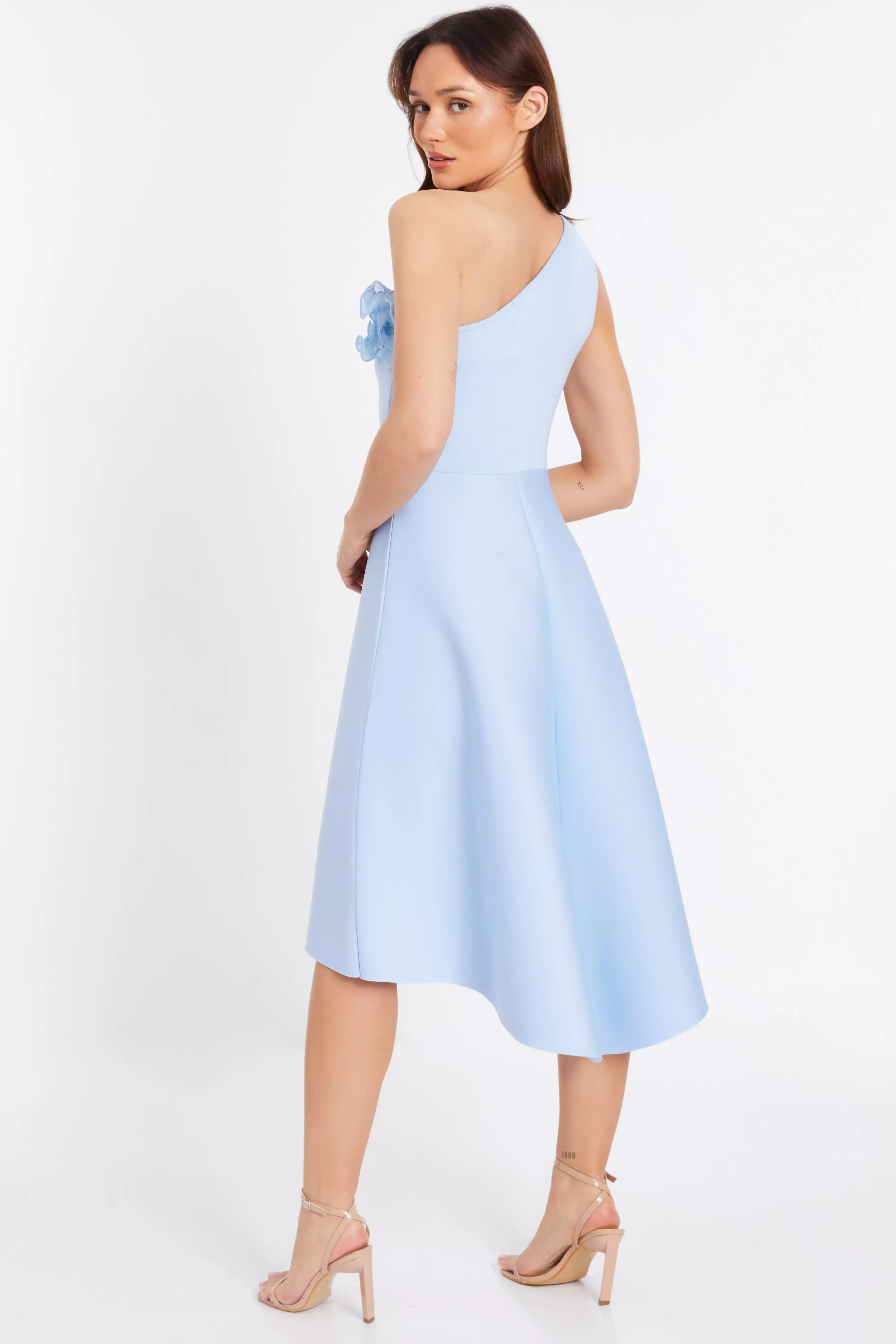 Blue One Shoulder Ruffle Skater Midi Dress