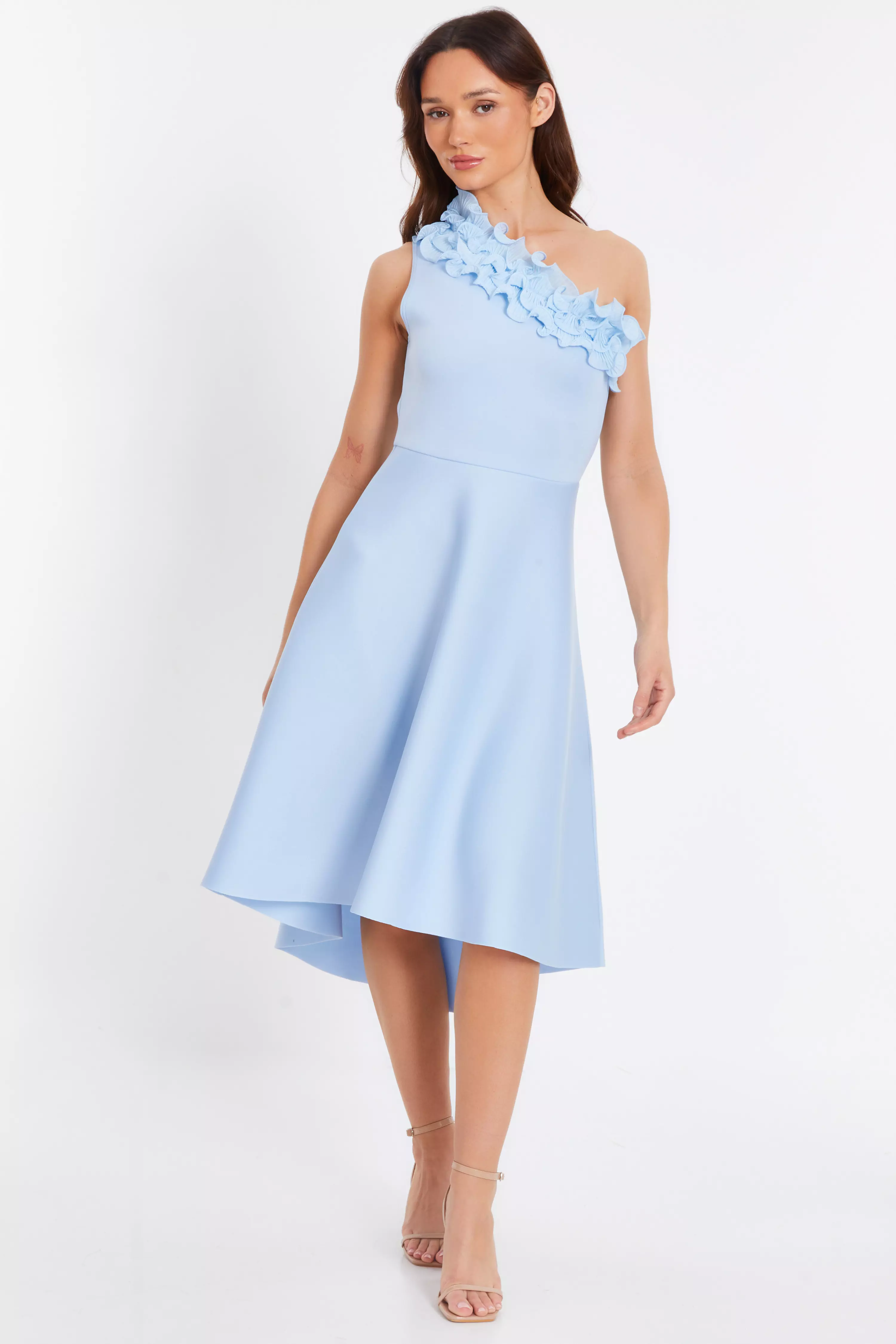 Blue One Shoulder Ruffle Skater Midi Dress