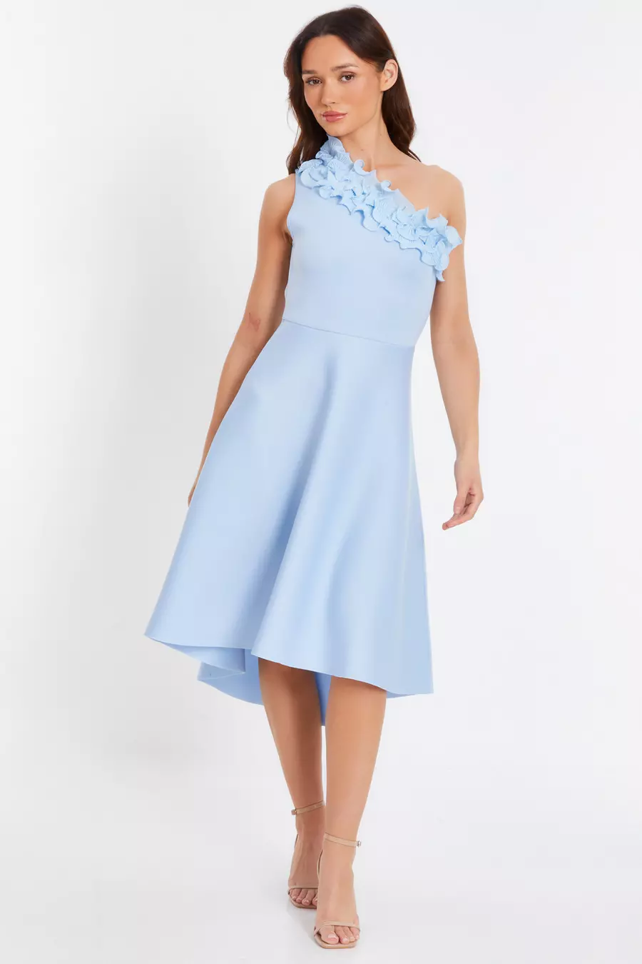 Blue One Shoulder Ruffle Skater Midi Dress QUIZ Clothing