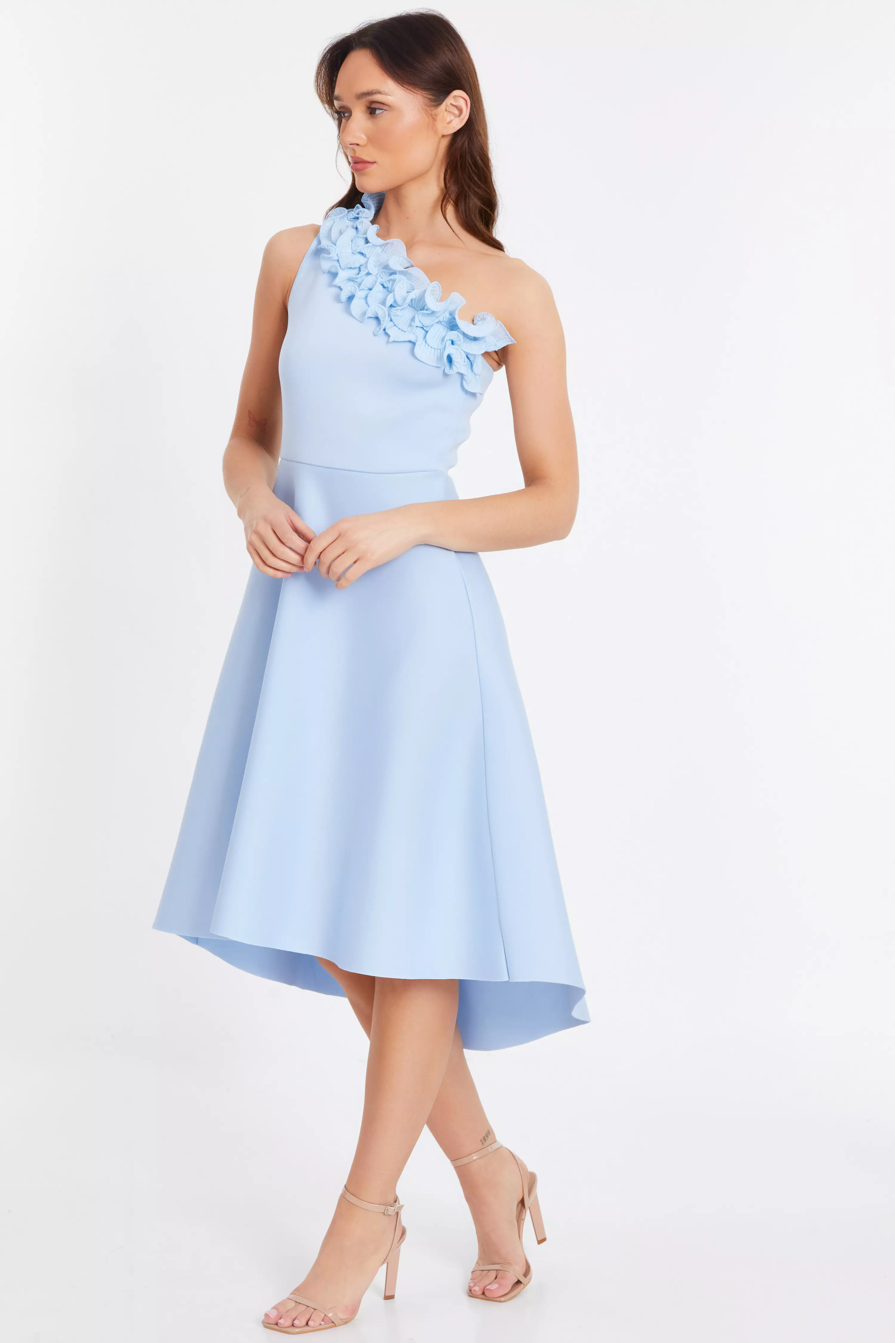 Blue One Shoulder Ruffle Skater Midi Dress