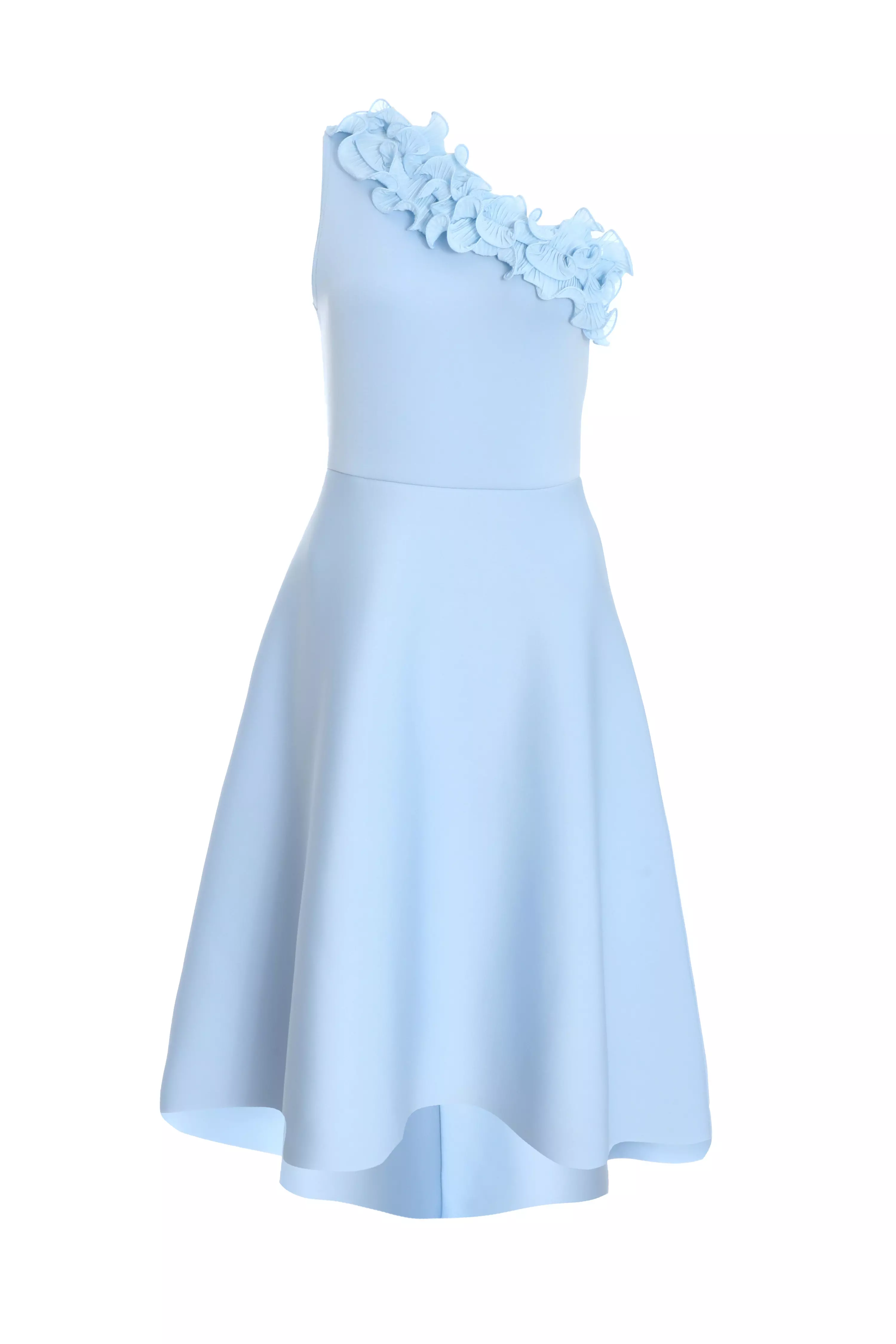 Blue One Shoulder Ruffle Skater Midi Dress