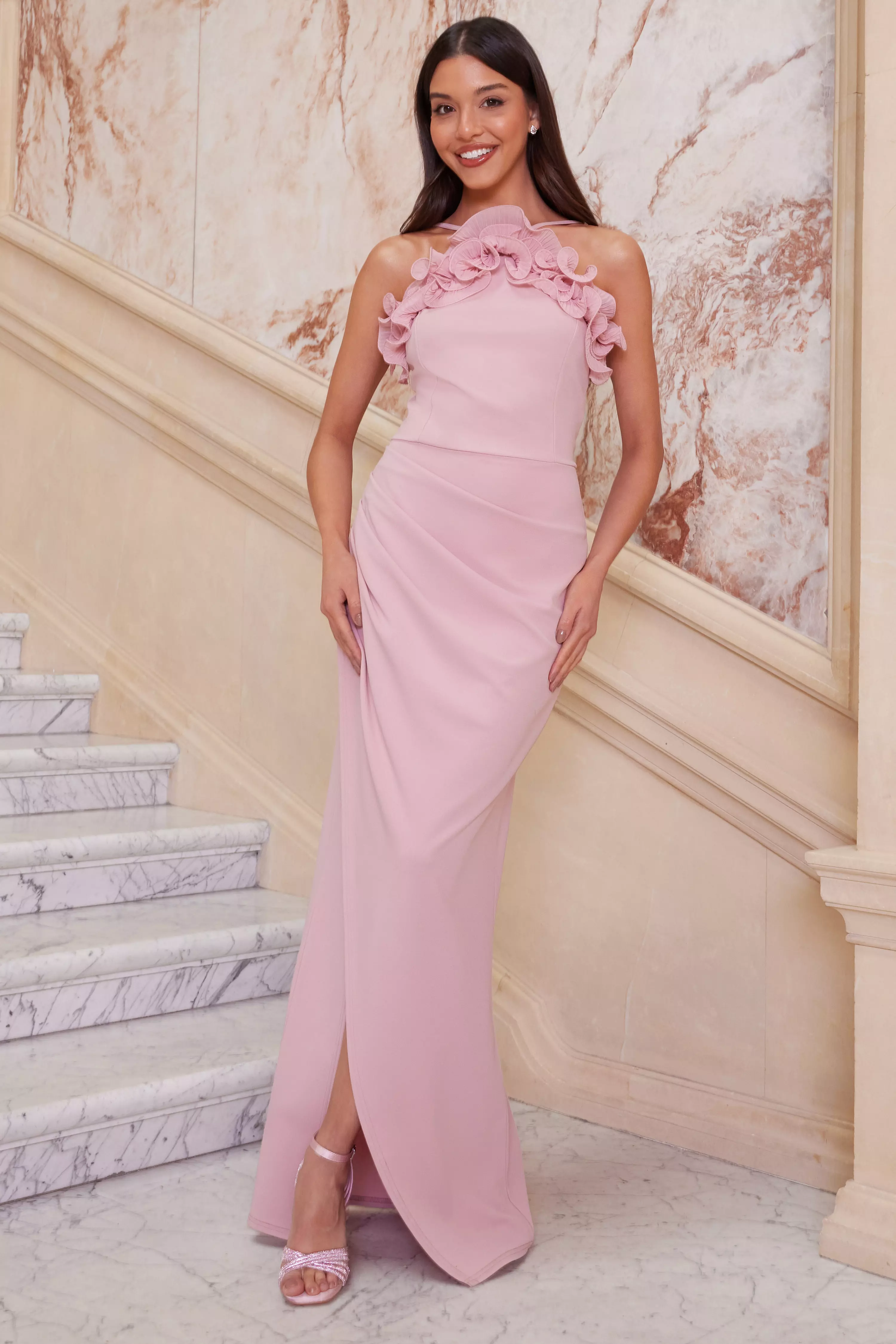 Pink Ruffle High Neck Maxi Dress