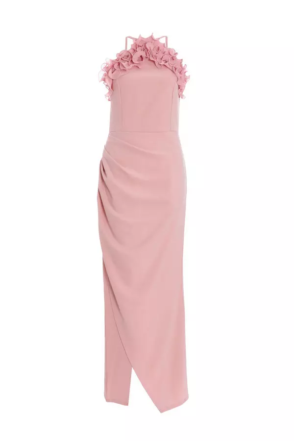 Pink Ruffle High Neck Maxi Dress