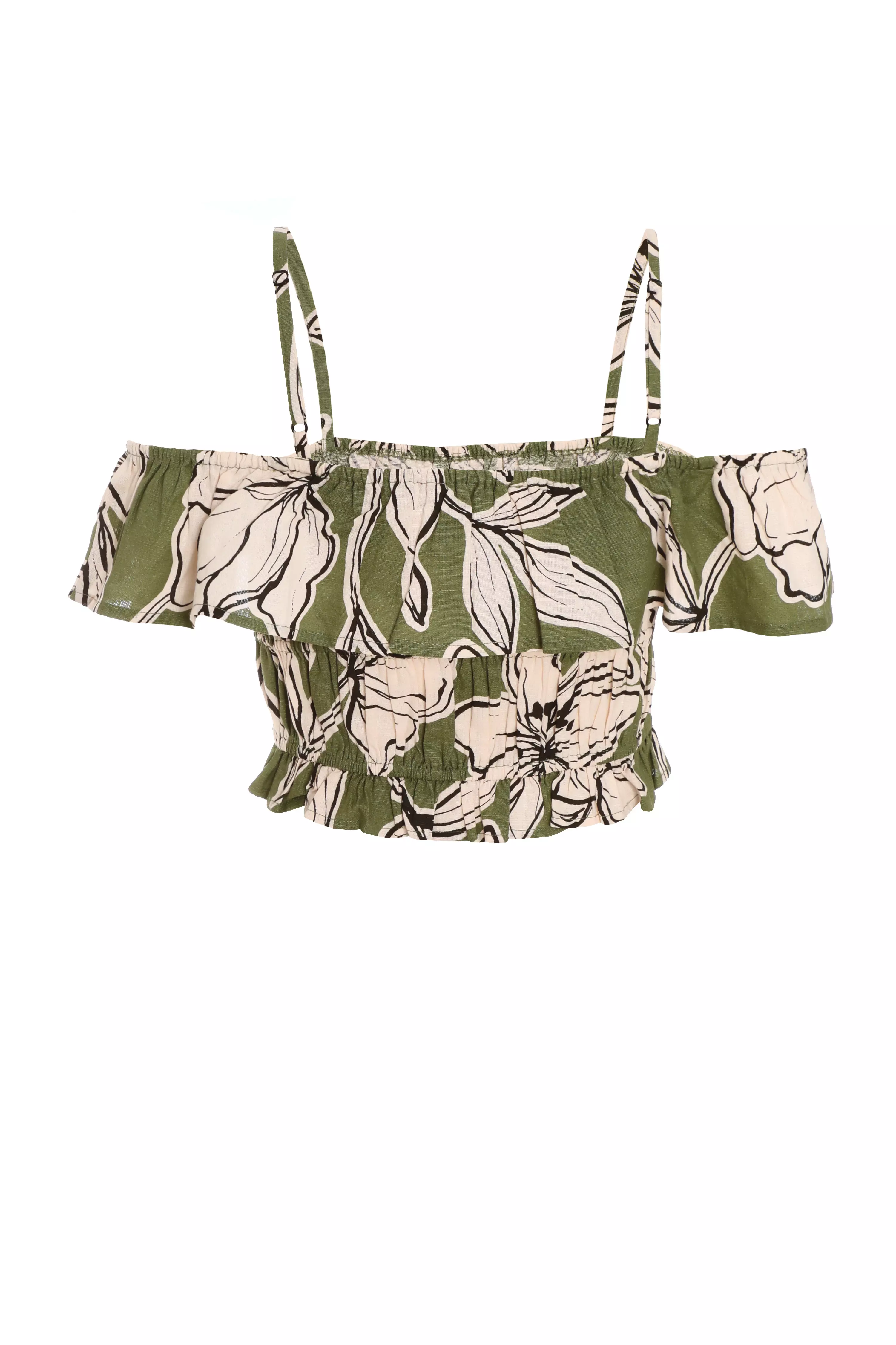 Khaki Tropical Print Bardot Crop Top