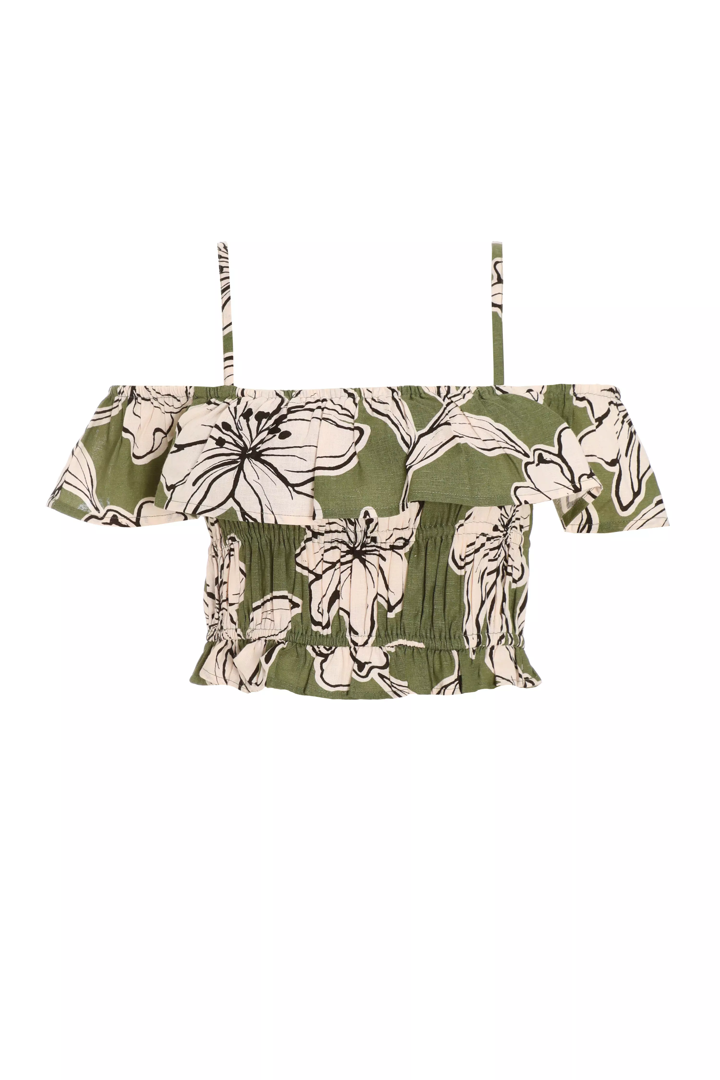 Khaki Tropical Print Bardot Crop Top