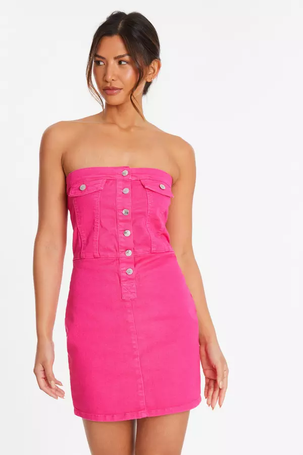 Pink Denim Bandeau Mini Dress