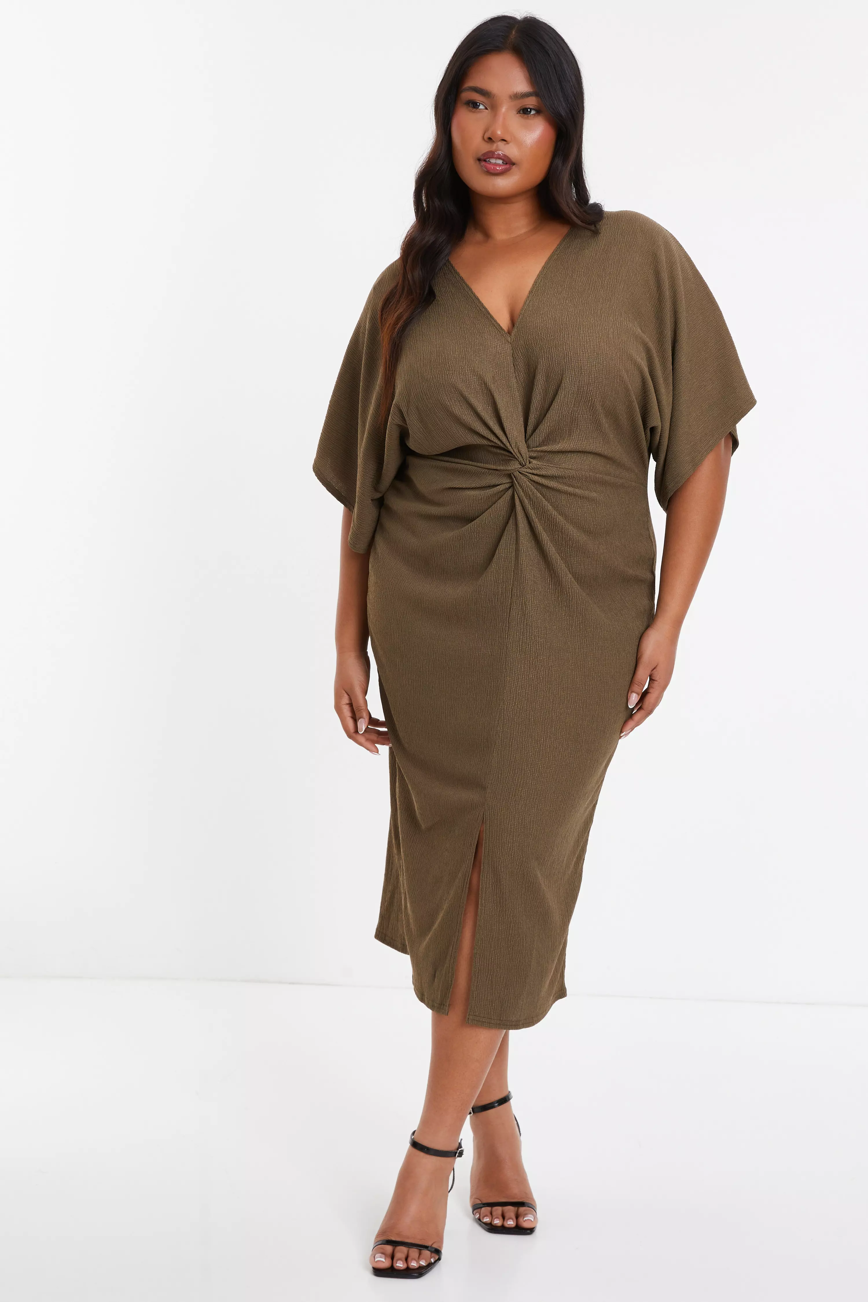 Curve Khaki Knot Front Midi Dress