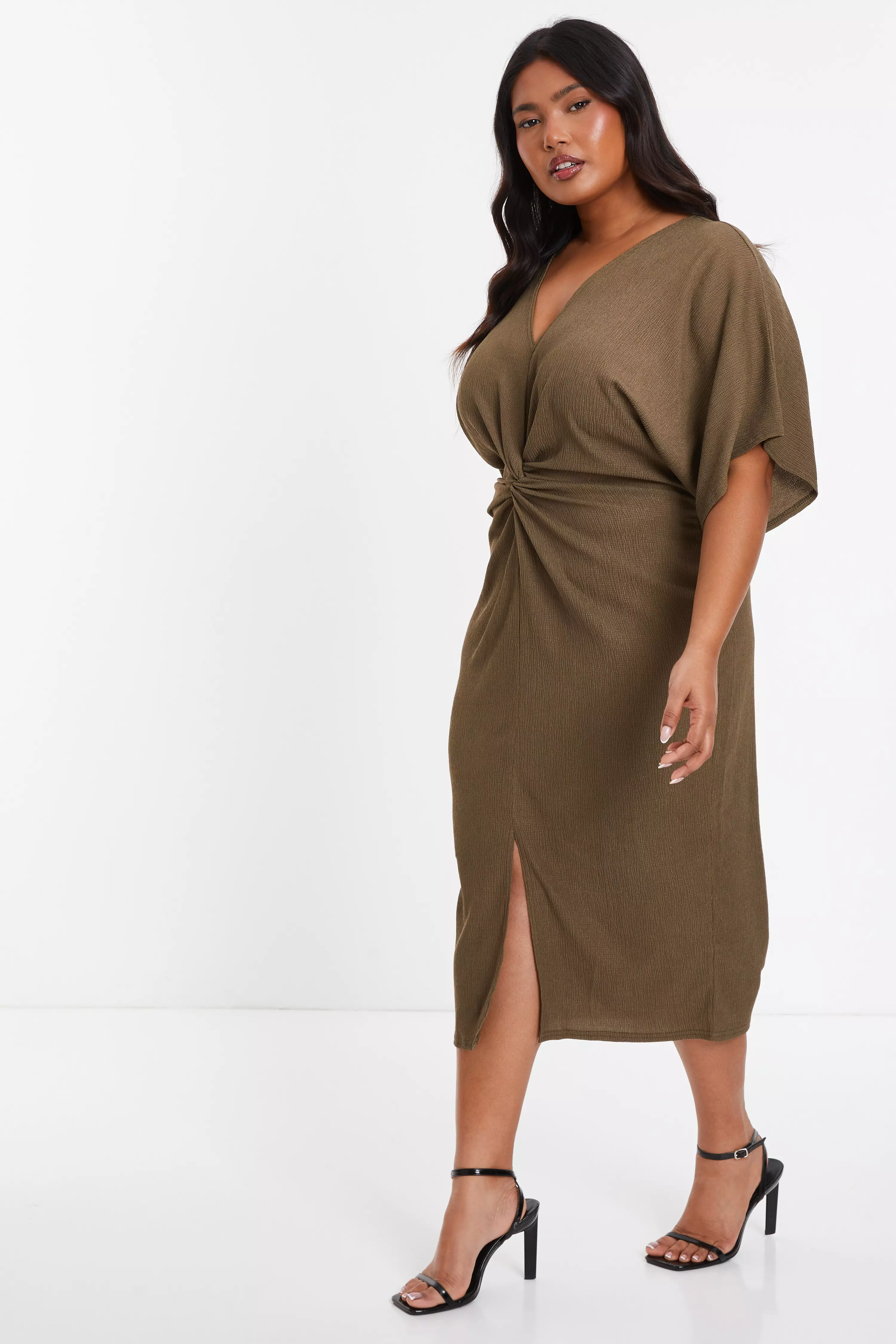 Curve Khaki Knot Front Midi Dress