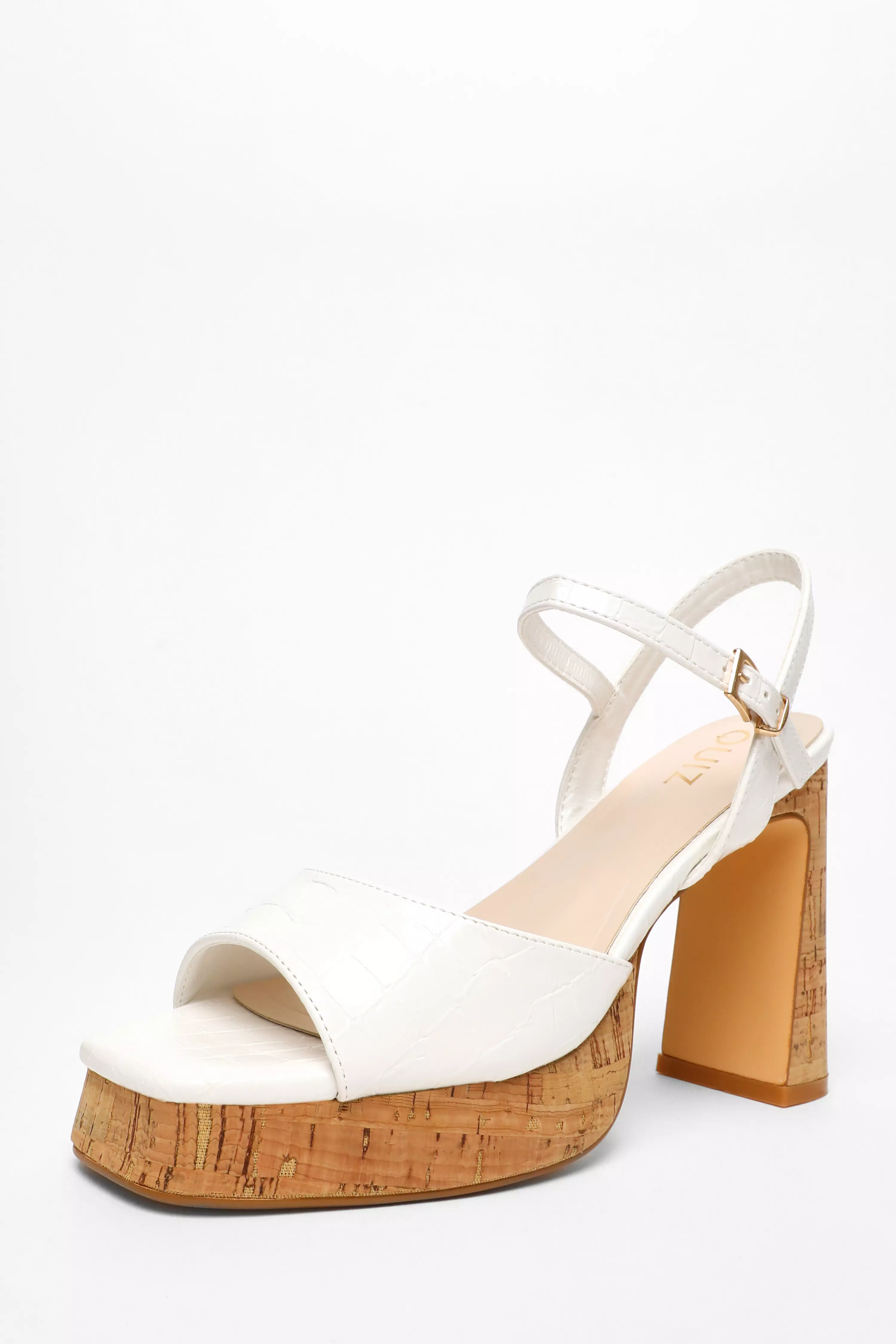 White Faux Leather Cork Platform Heeled Sandals