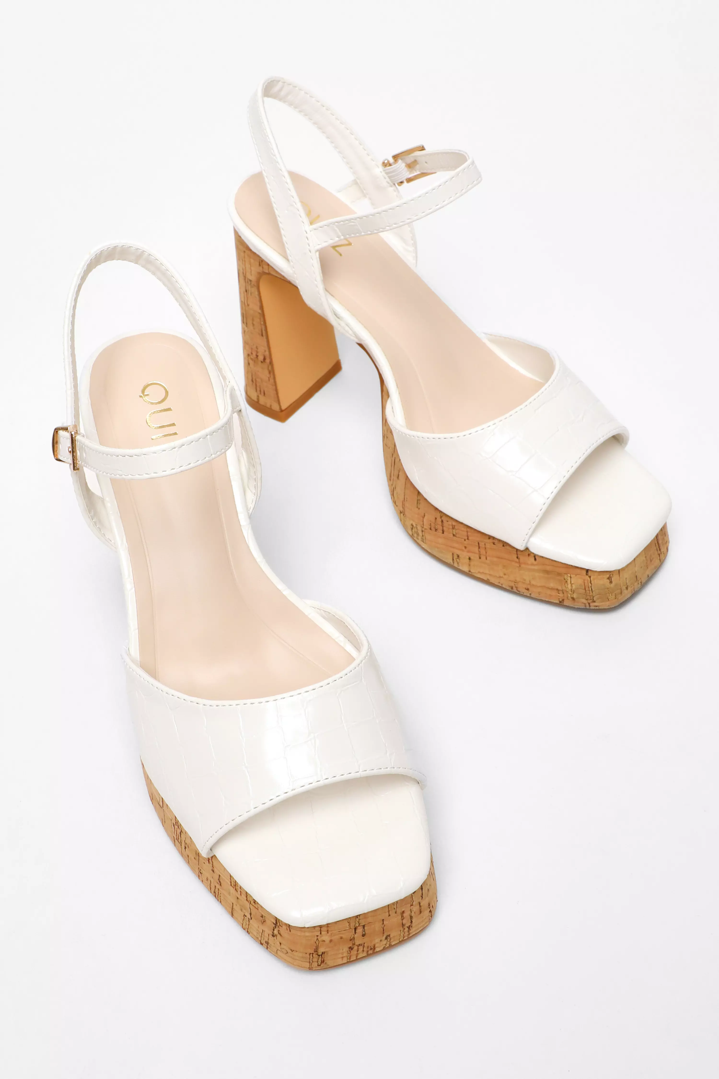 White Faux Leather Cork Platform Heeled Sandals