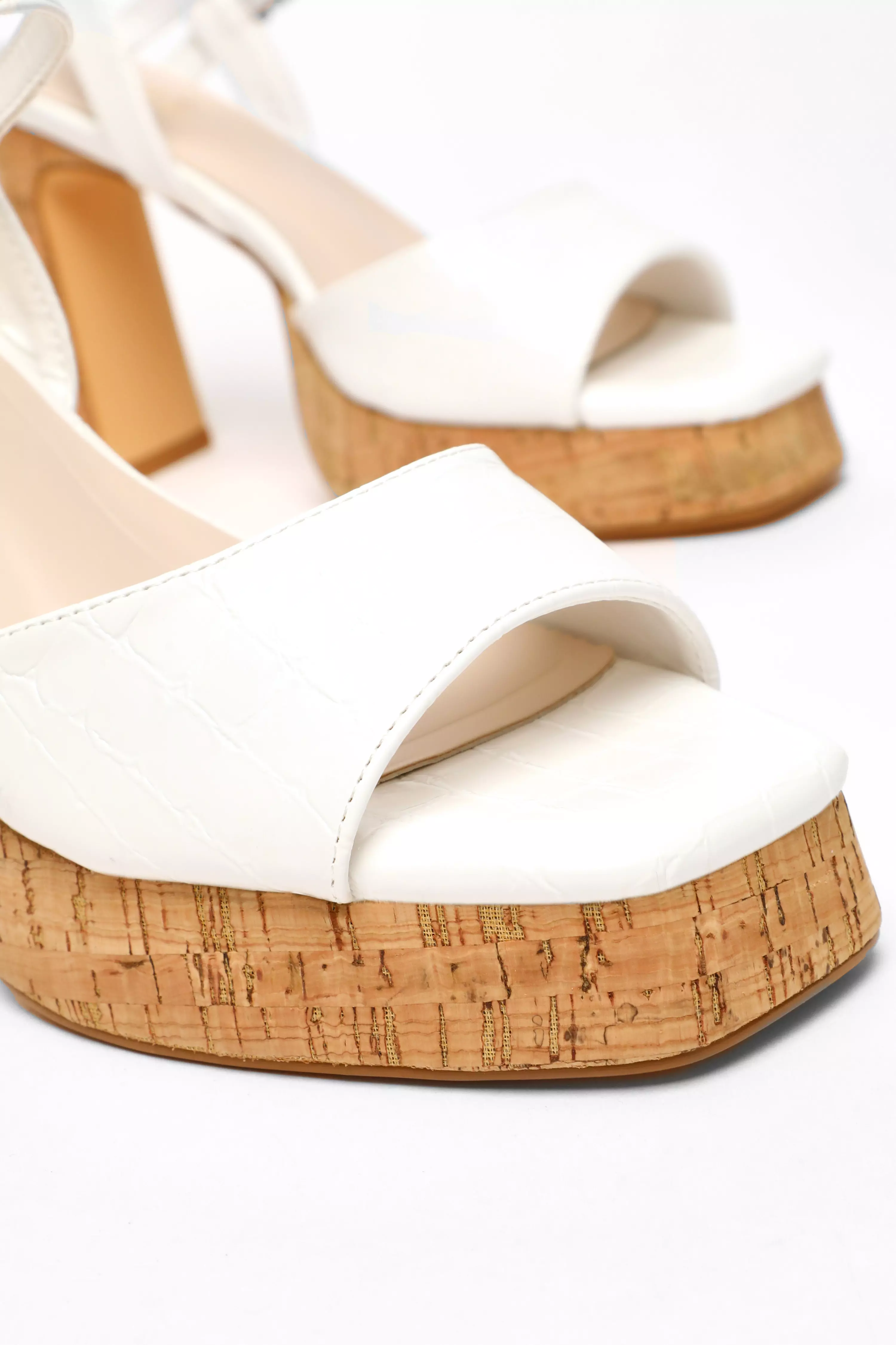 White Faux Leather Cork Platform Heeled Sandals