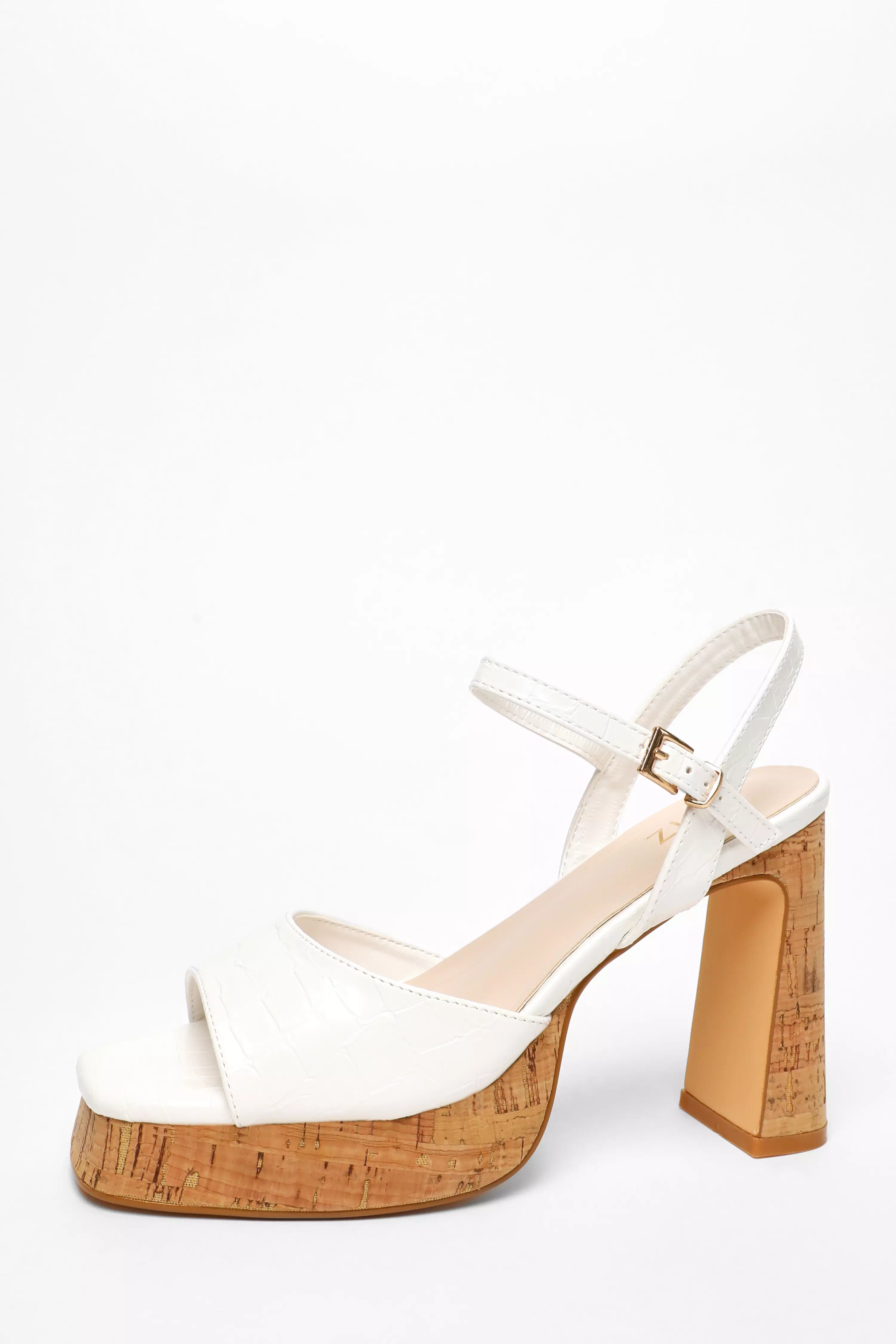 White Faux Leather Cork Platform Heeled Sandals