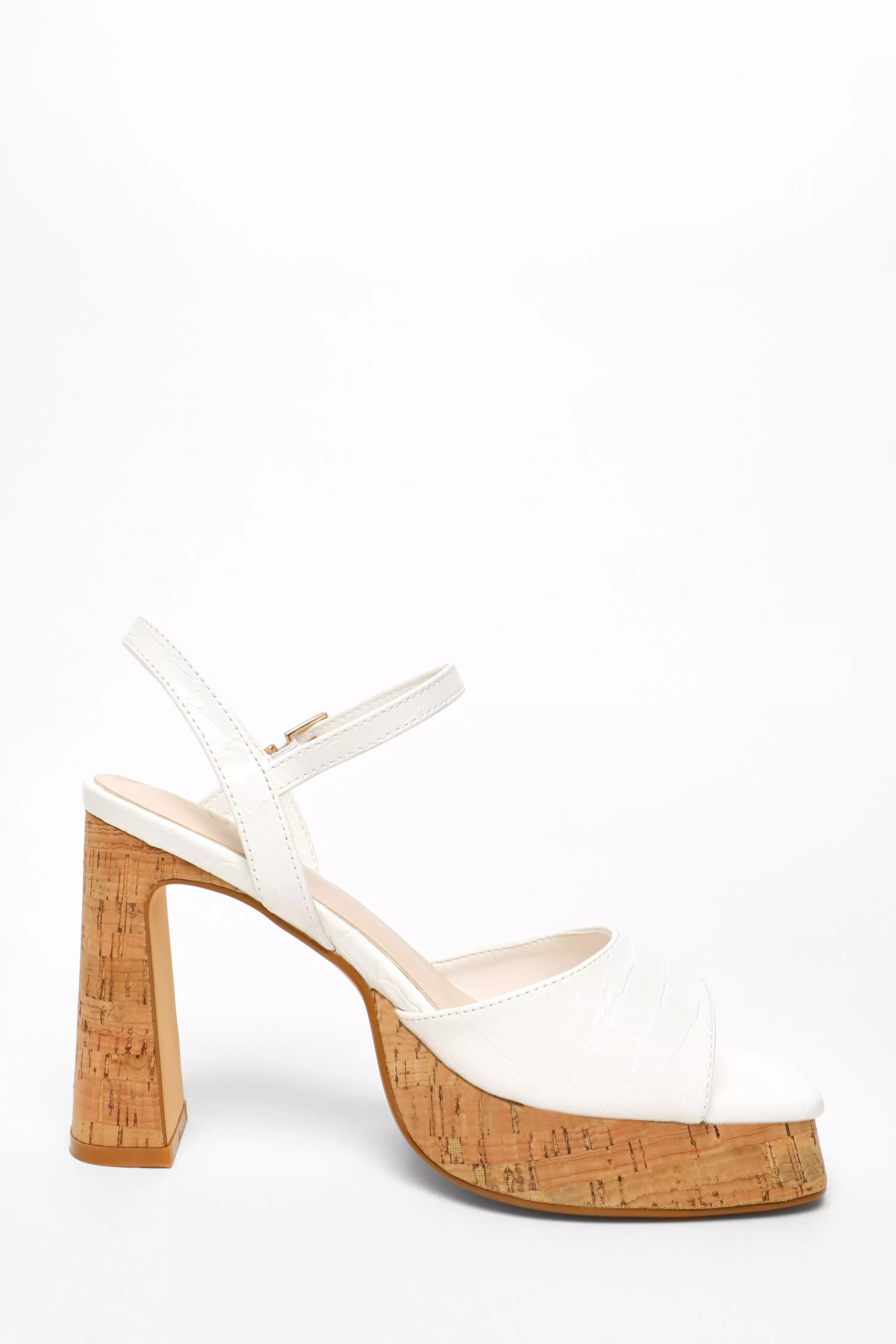 White Faux Leather Cork Platform Heeled Sandals