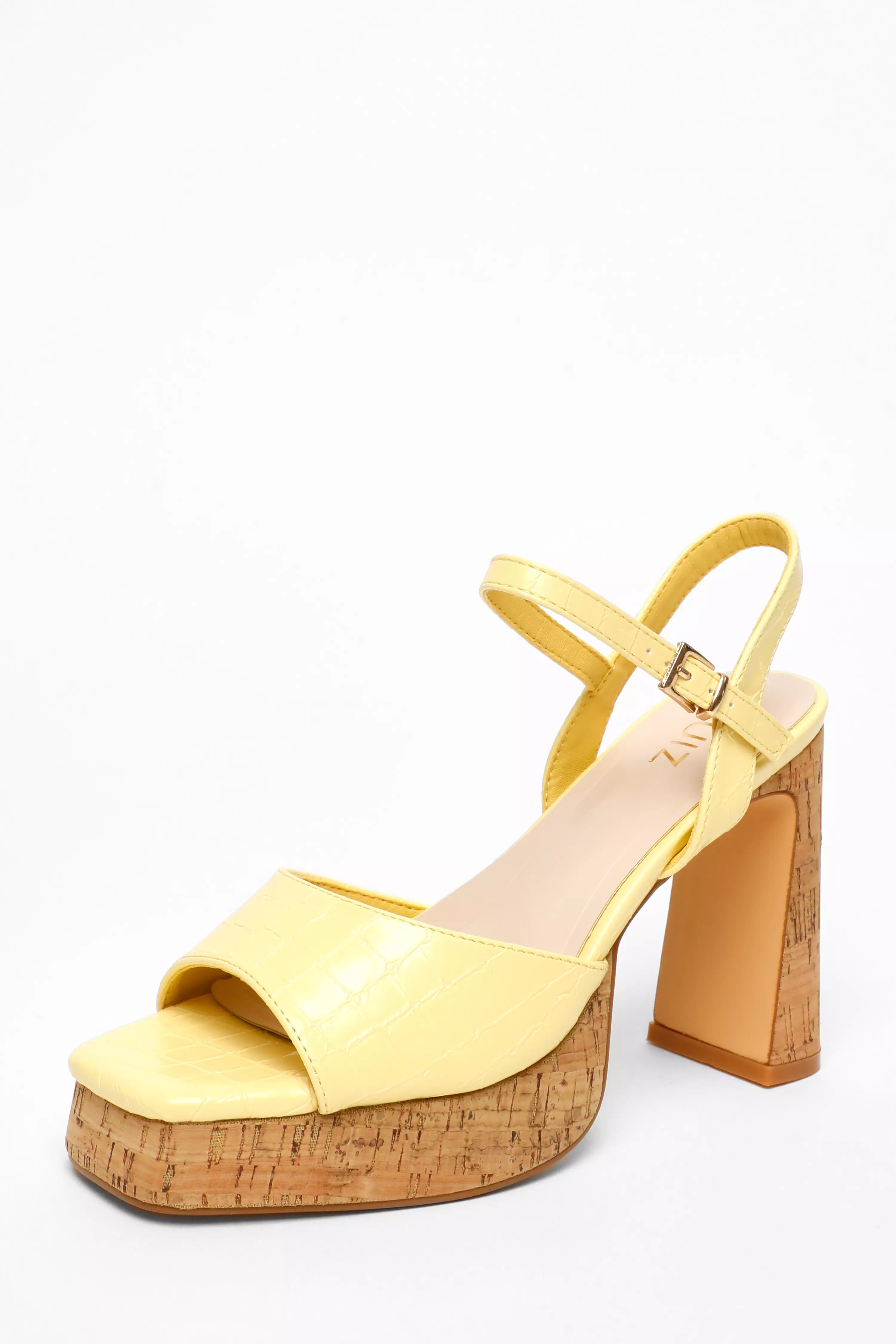 Yellow Faux Leather Cork Platform Heeled Sandals