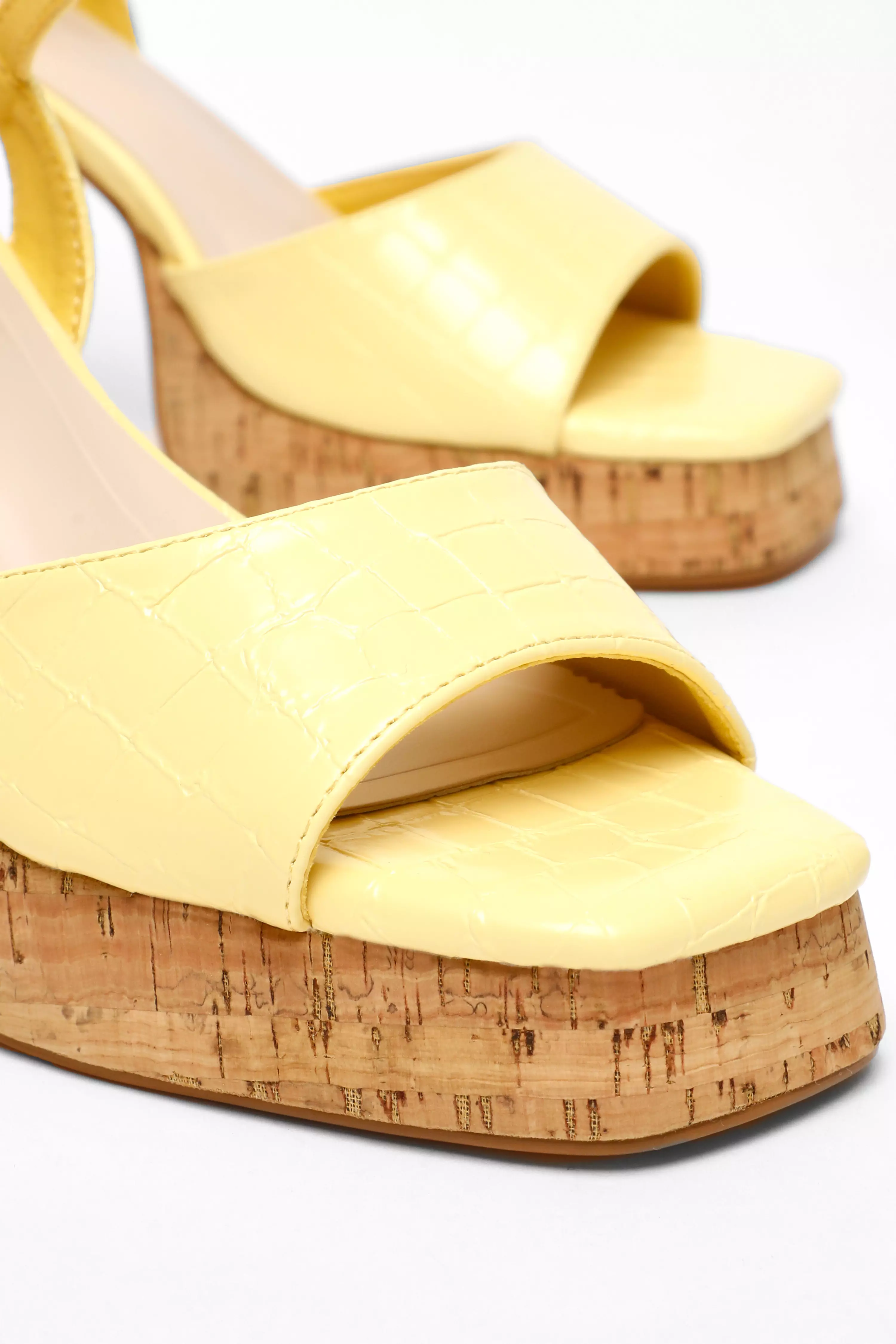 Yellow Faux Leather Cork Platform Heeled Sandals