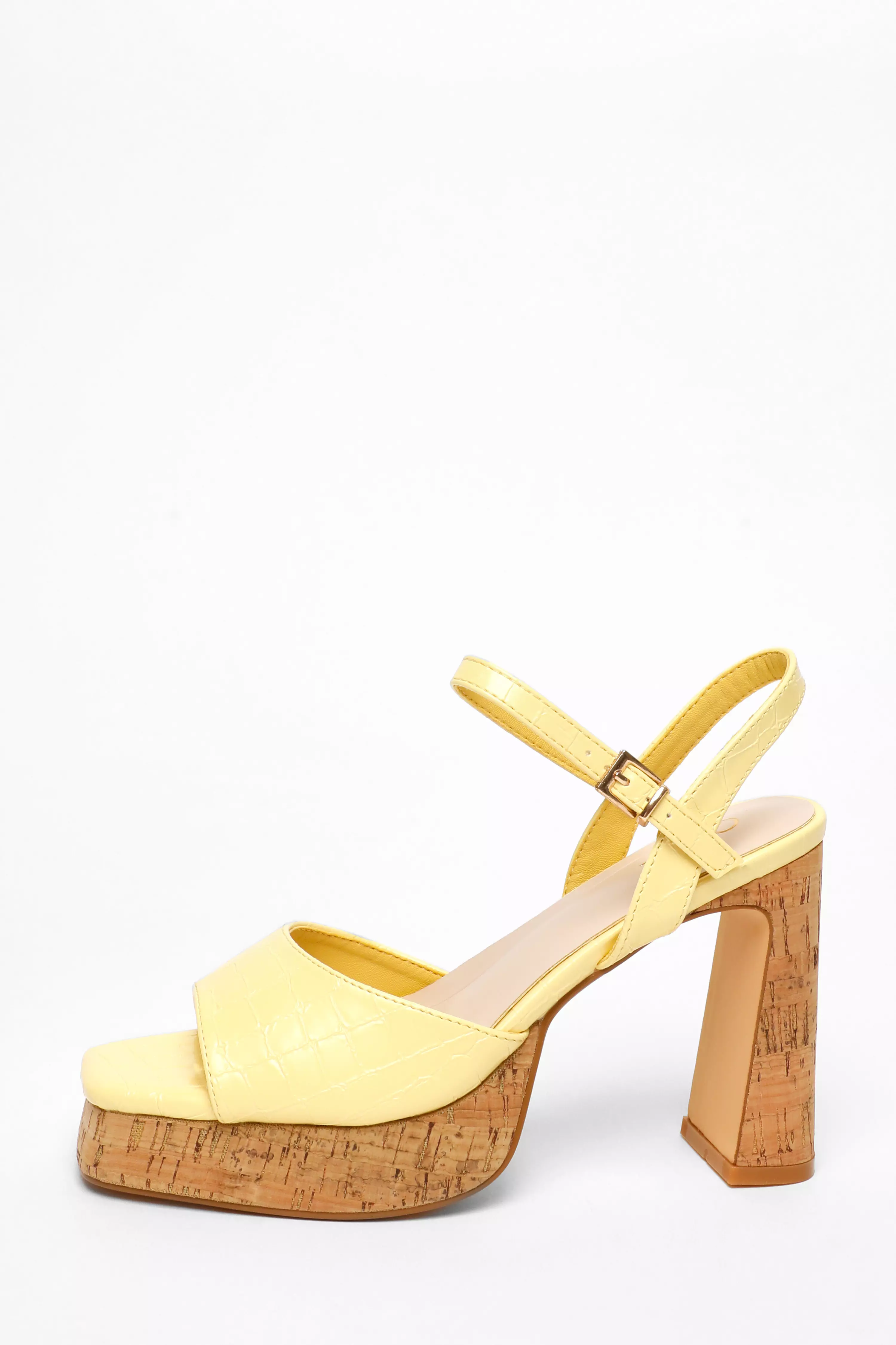 Yellow Faux Leather Cork Platform Heeled Sandals