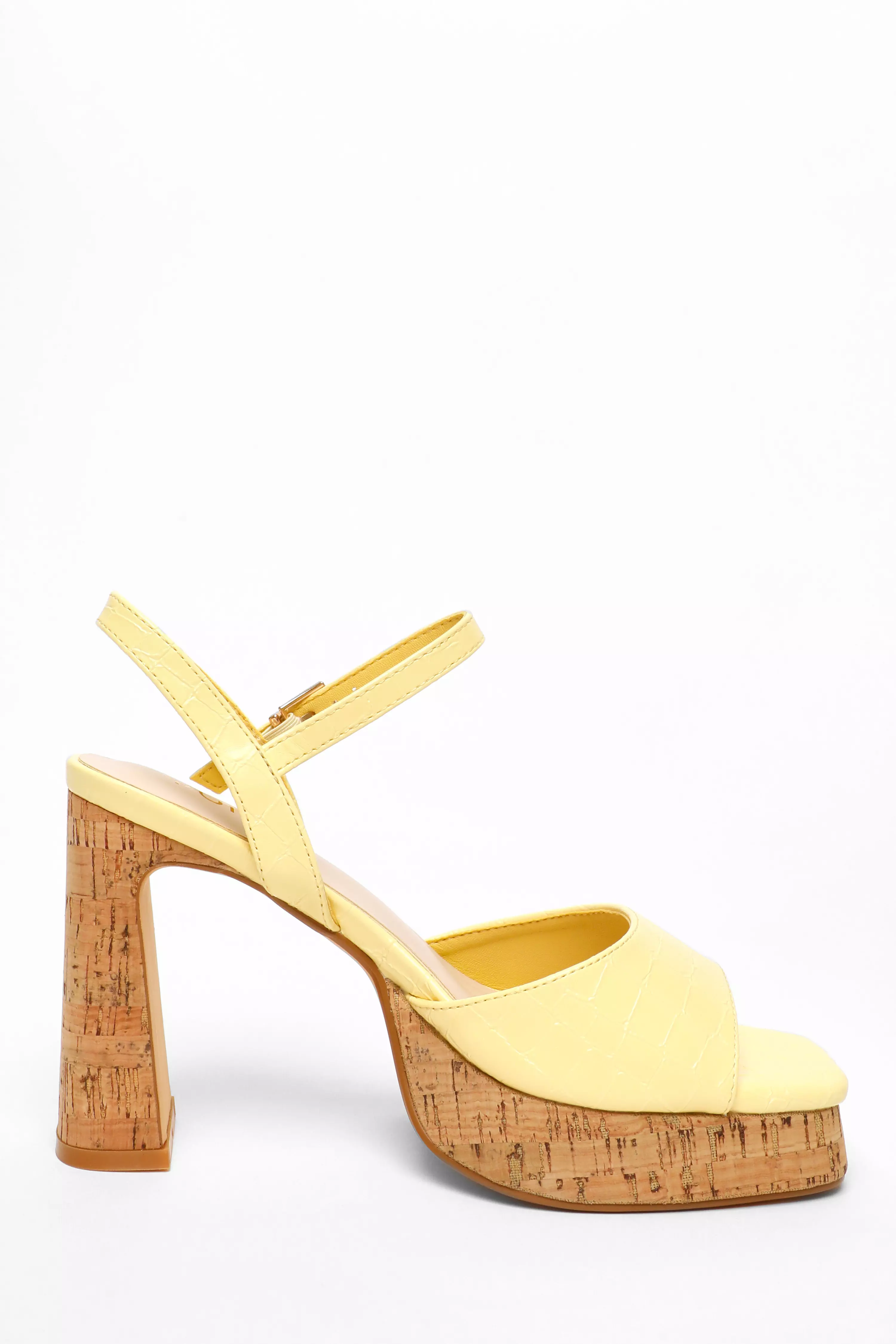 Yellow Faux Leather Cork Platform Heeled Sandals