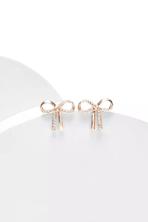 Rose Gold Diamante Bow Stud Earrings