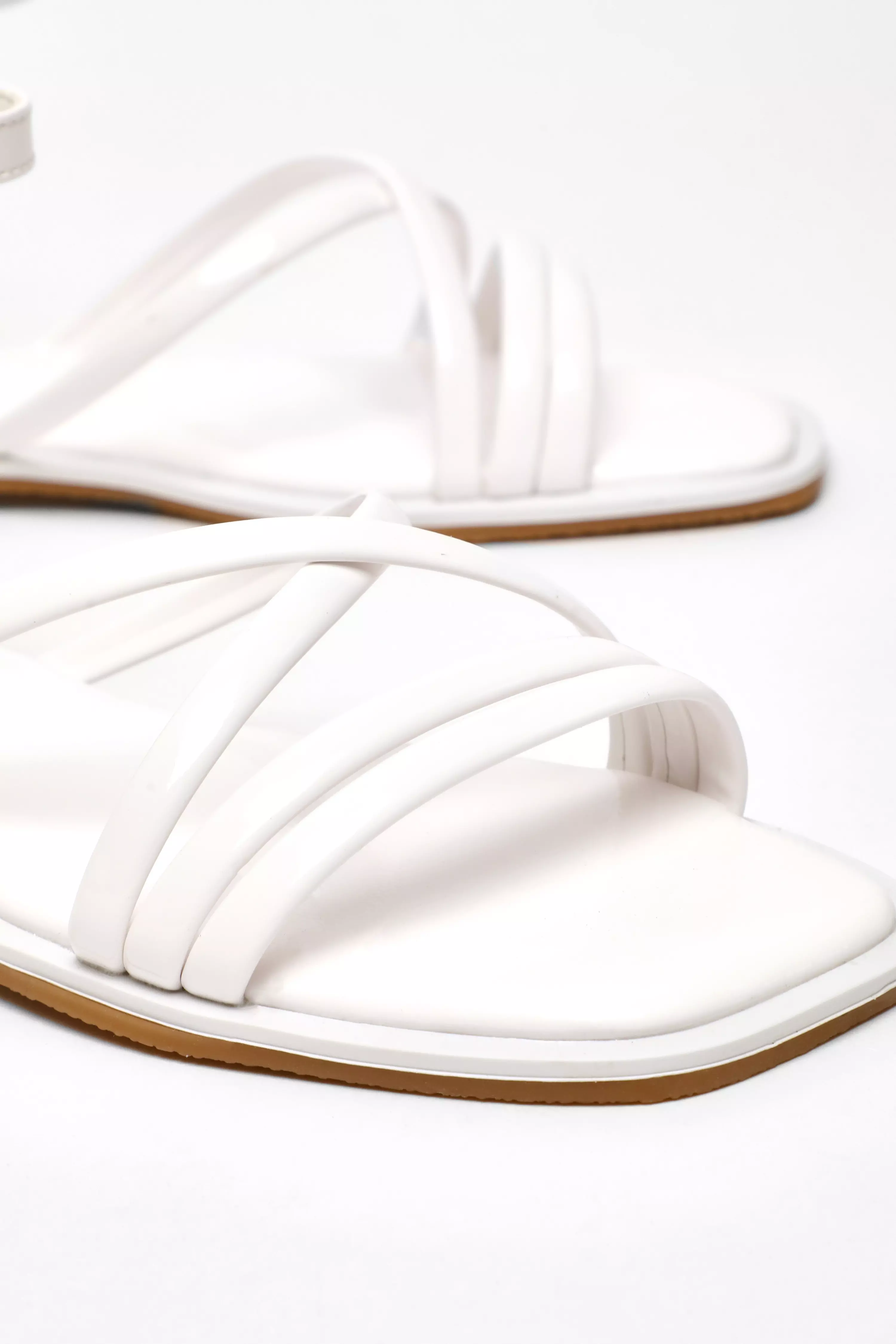 White Faux Leather Cross Strap Flat Sandals