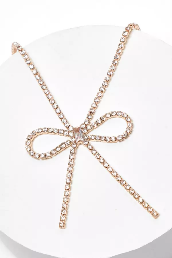 Rose Gold Diamante Bow Necklace