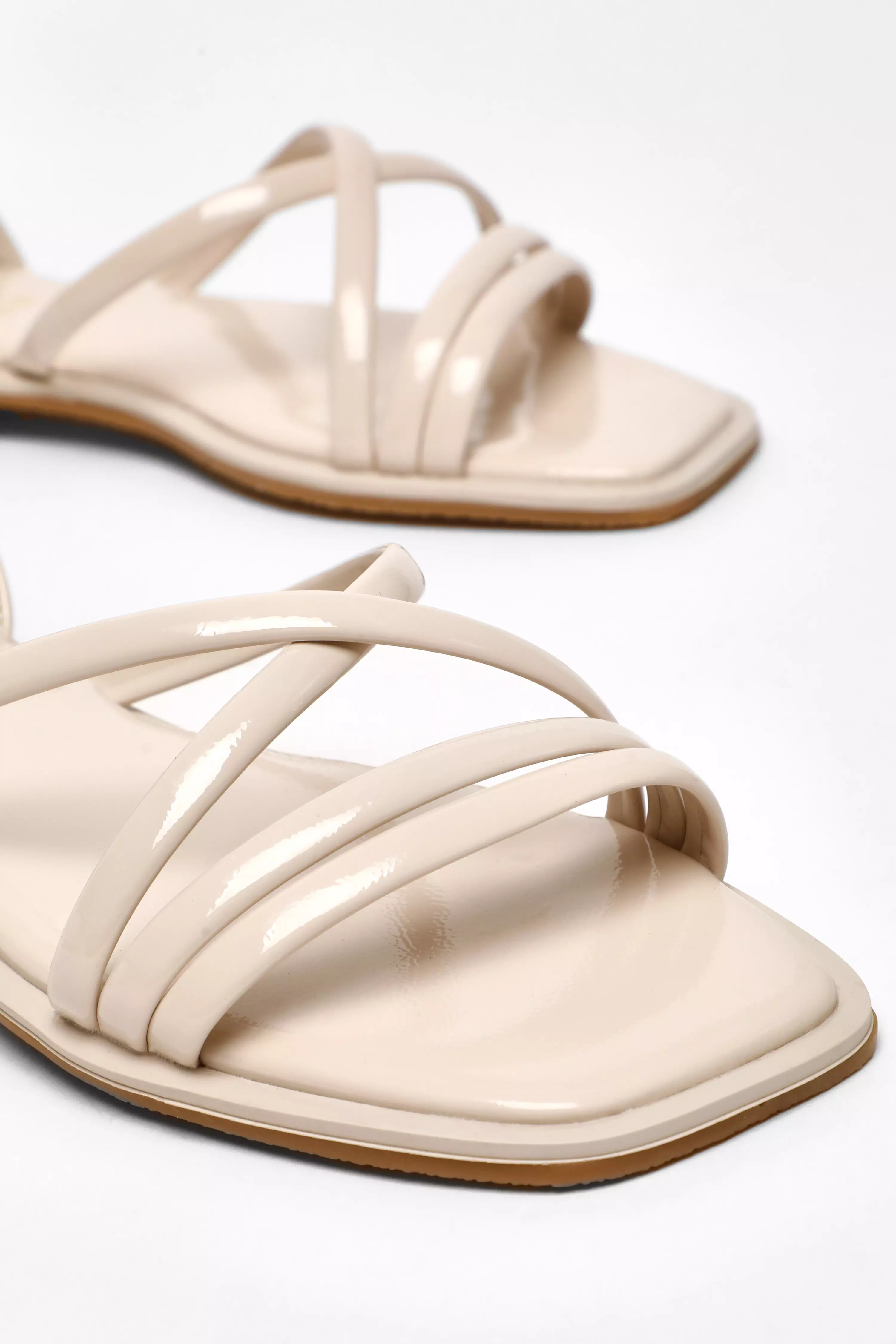 Nude Faux Leather Cross Strap Flat Sandals