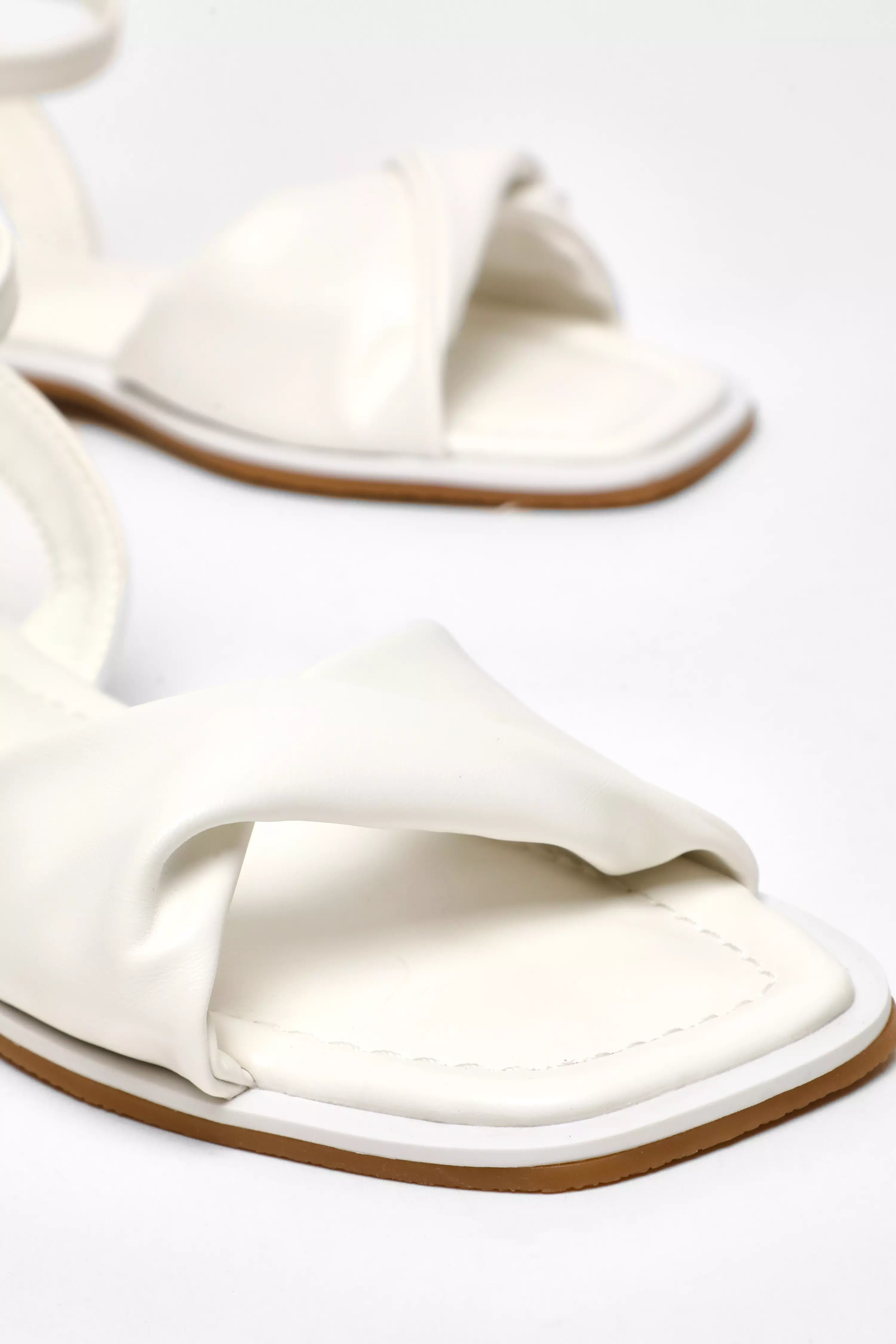 White Faux Leather Twist Front Flat Sandals