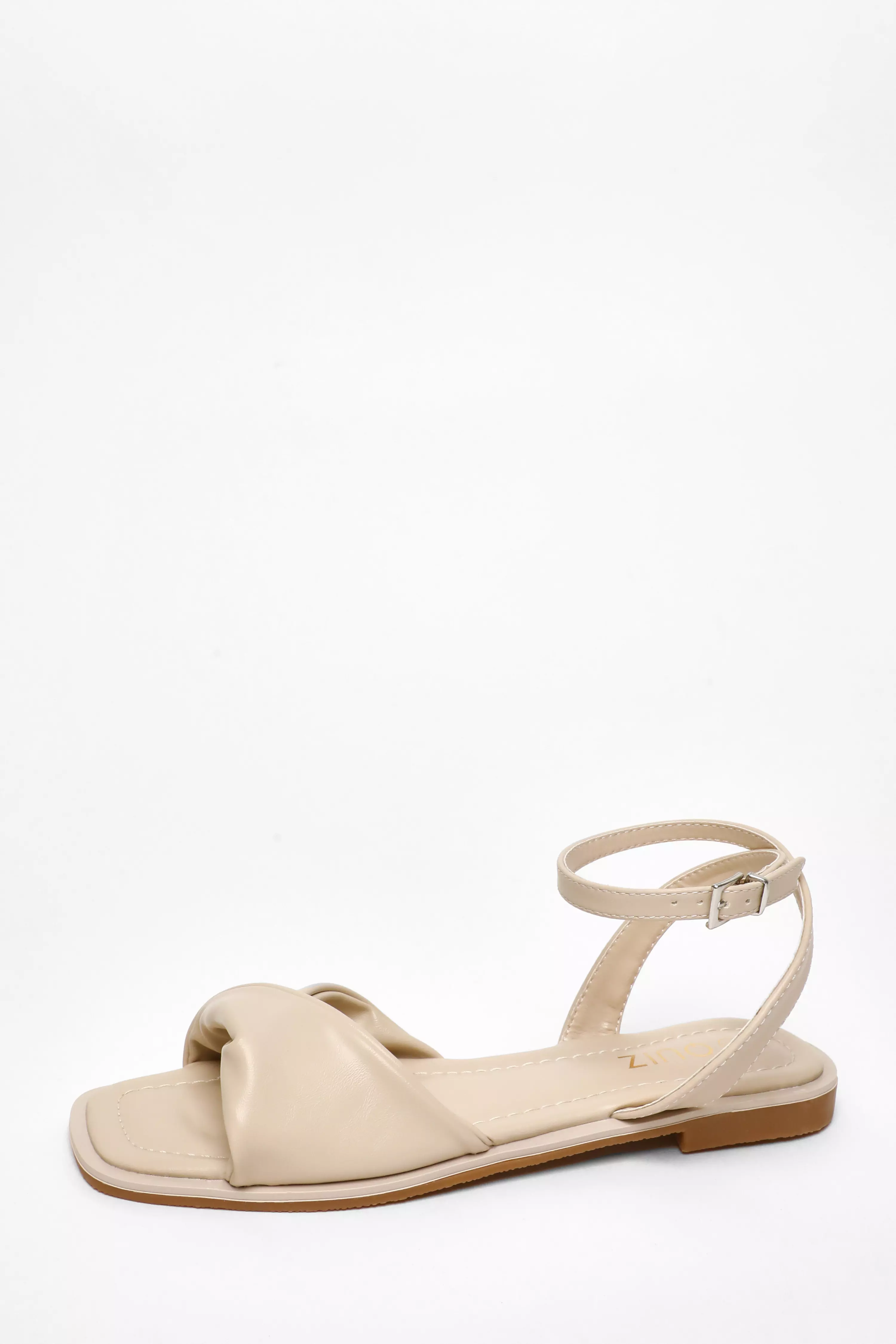 Nude Faux Leather Twist Front Flat Sandals